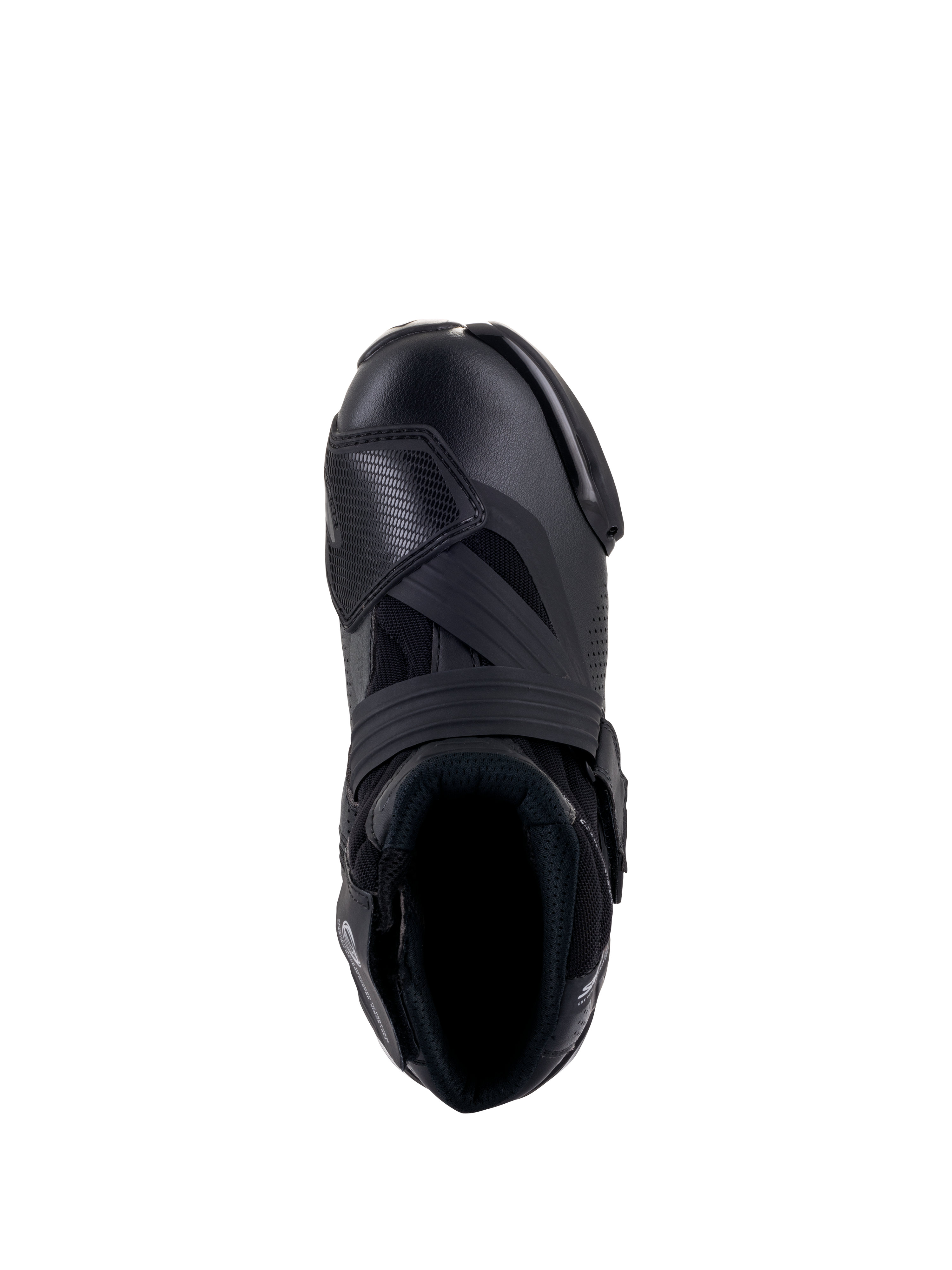 Stivali Alpinestars SMX-1 R V2 Vented, nero, vista dall'alto che mostra la tomaia in microfibra ventilata, la protezione cambio in TPU e il colletto ergonomico per la guida sportiva.