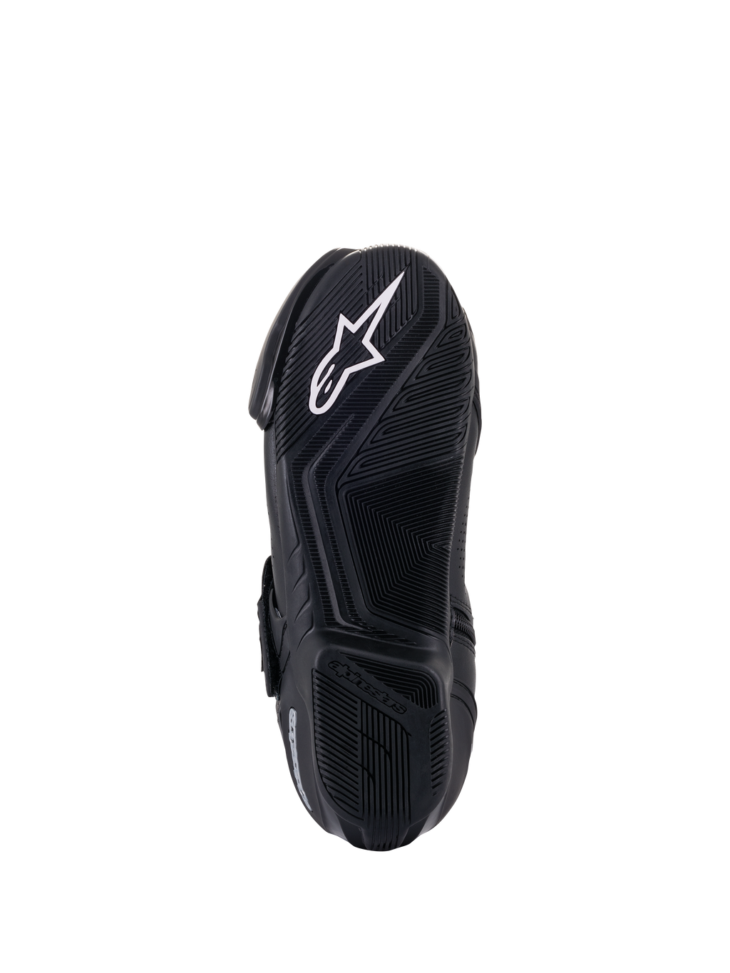 Stivali Alpinestars SMX-1 R V2 Vented, vista inferiore della suola, nero, logo a stella Alpinestars bianco su suola in mescola di gomma testurizzata con disegno ad aderenza avanzata