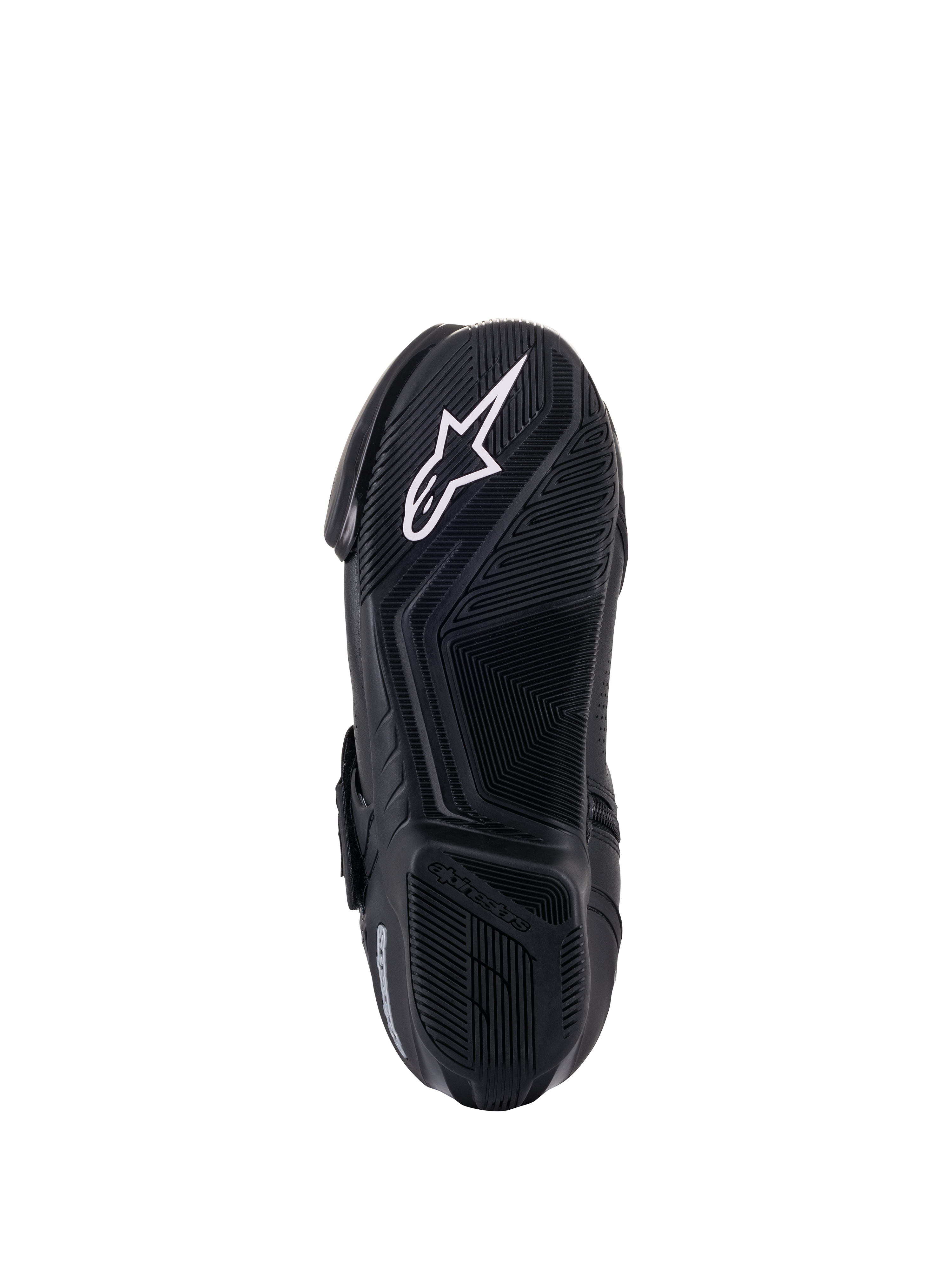 Stivali Alpinestars SMX-1 R V2 Vented, vista inferiore della suola, nero, logo a stella Alpinestars bianco su suola in mescola di gomma testurizzata con disegno ad aderenza avanzata