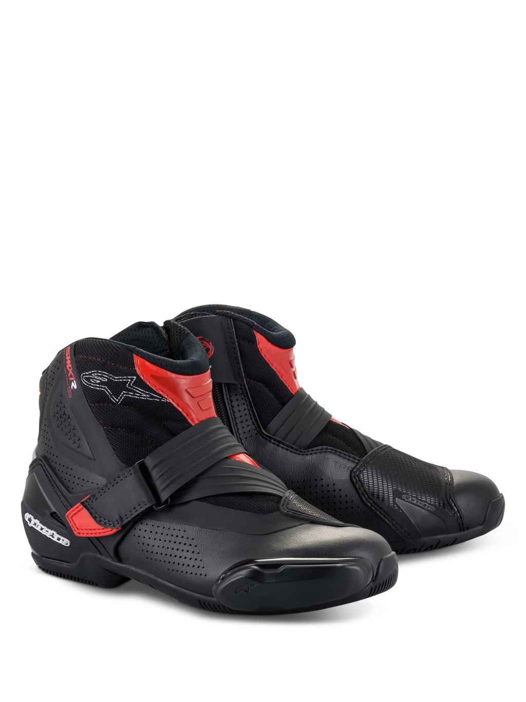 Alpinestars SMX-1 R V2 Vented Boots, stivali bassi da moto, nero e rosso, caratterizzati da microfibra perforata per la ventilazione, protezioni in TPU e chiusura a cinturino per guida sportiva su strada.