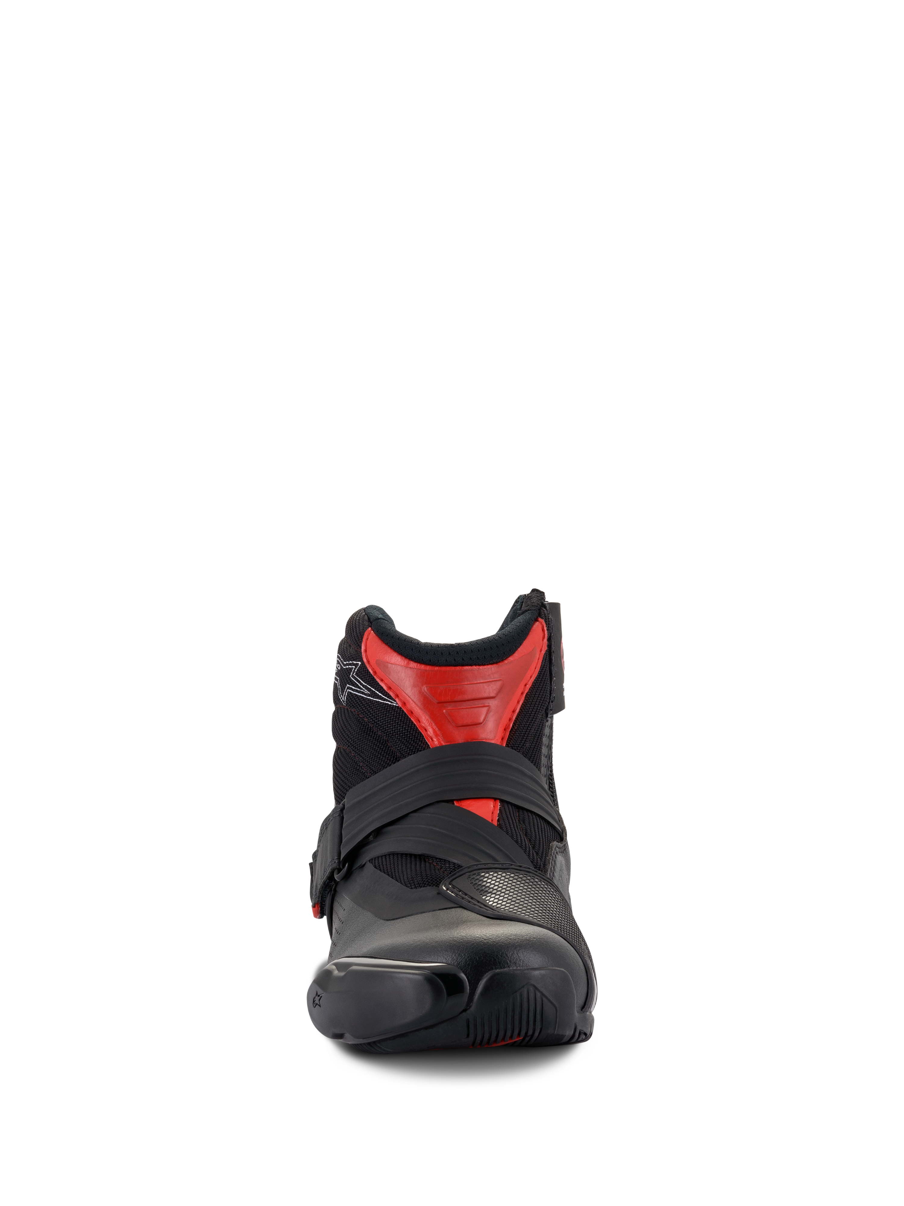 Alpinestars SMX-1 R V2 Vented Boots, stivali bassi da moto, nero e rosso, prospettiva frontale che mostra la chiusura sicura a cinturino e la tomaia in microfibra ventilata, equipaggiamento stradale ad alte prestazioni.