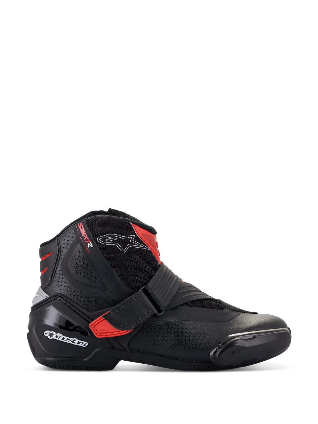 Stivali Alpinestars SMX-1 R V2 Vented, scarpa da moto a taglio basso, nero con accenti rossi e loghi bianchi, tomaia in microfibra traforata per la ventilazione, protezione del tallone e laterale in TPU, design sportivo per prestazioni su strada.