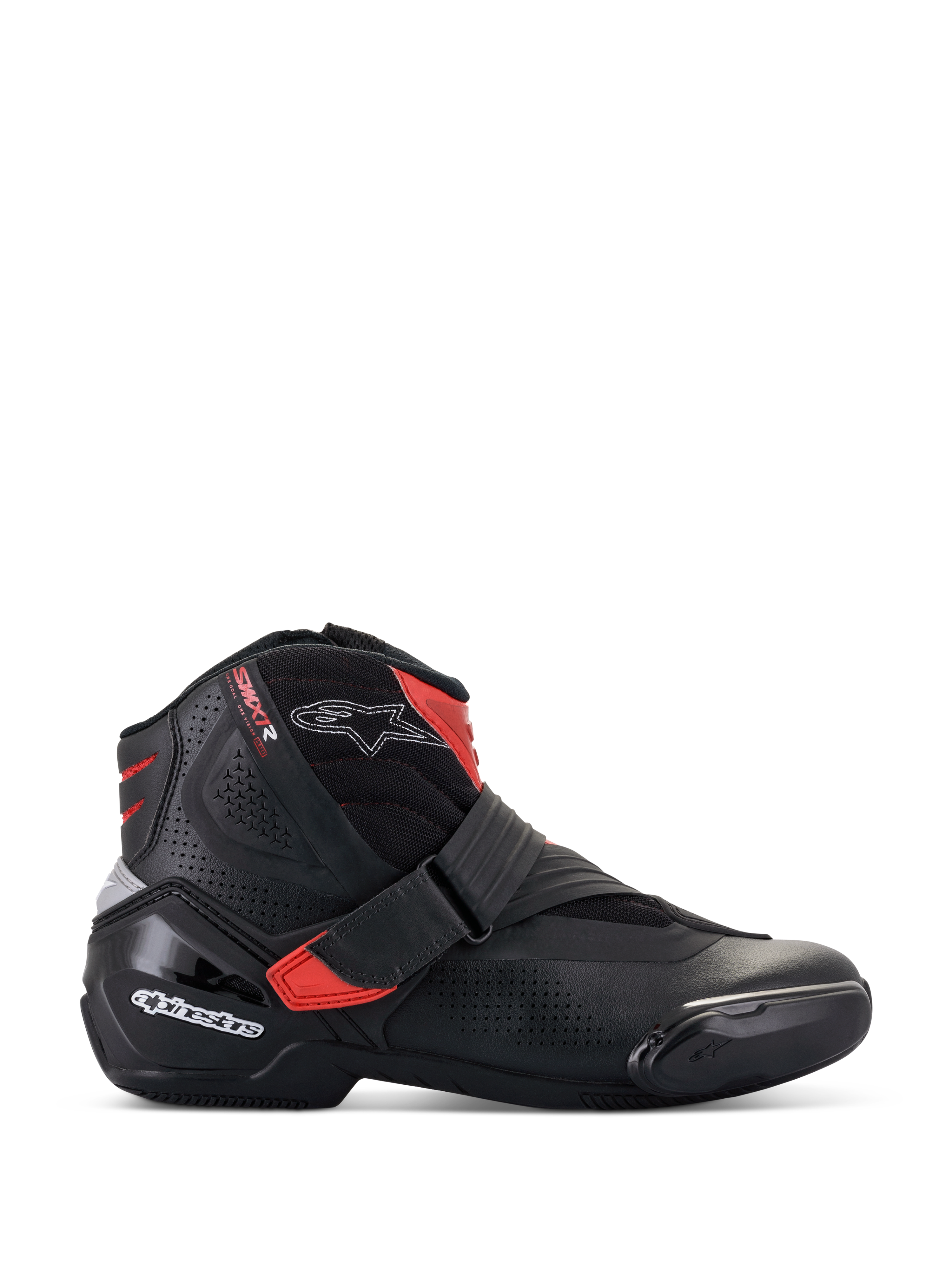 Stivali Alpinestars SMX-1 R V2 Vented, scarpa da moto a taglio basso, nero con accenti rossi e loghi bianchi, tomaia in microfibra traforata per la ventilazione, protezione del tallone e laterale in TPU, design sportivo per prestazioni su strada.