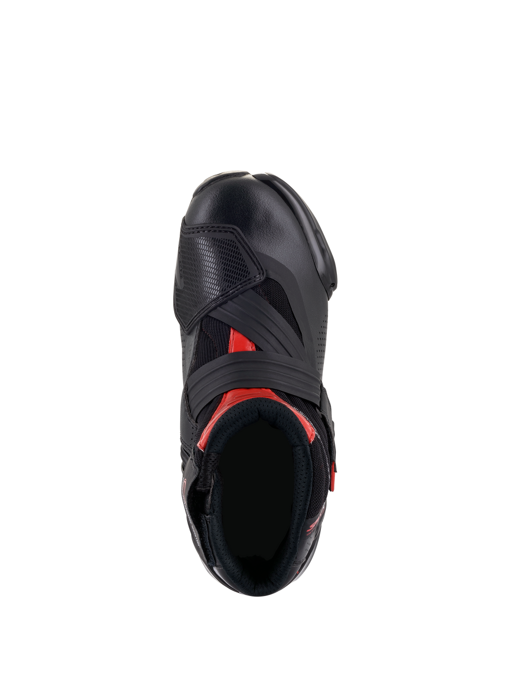 Stivali Alpinestars SMX-1 R V2 Vented, nero e rosso, vista dall'alto che mostra l'apertura del piede e la costruzione della tomaia, con microfibra perforata, accenti rossi e un ampio cinturino in Velcro sul collo del piede.