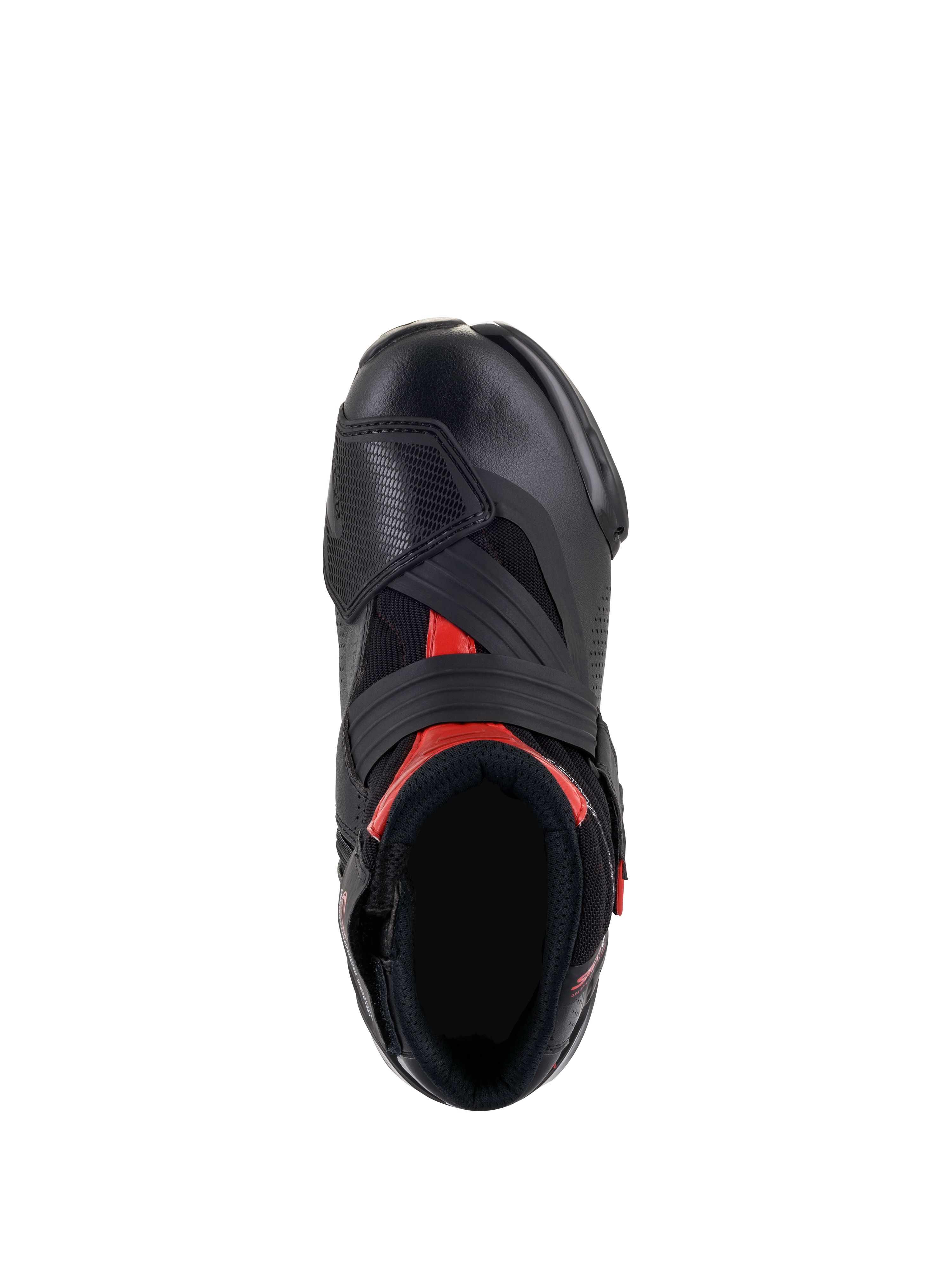 Stivali Alpinestars SMX-1 R V2 Vented, nero e rosso, vista dall'alto che mostra l'apertura del piede e la costruzione della tomaia, con microfibra perforata, accenti rossi e un ampio cinturino in Velcro sul collo del piede.