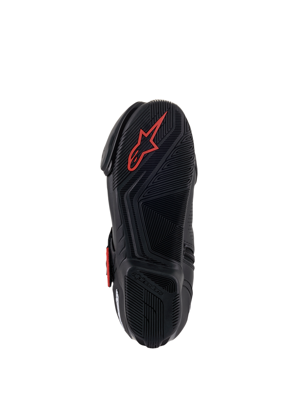 Alpinestars SMX-1 R V2 Ventilati, scarpa da moto, nero e rosso, vista dal basso della suola in mescola di gomma con motivi di aderenza testurizzati e logo Astars rosso