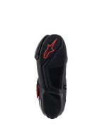 Alpinestars SMX-1 R V2 Ventilati, scarpa da moto, nero e rosso, vista dal basso della suola in mescola di gomma con motivi di aderenza testurizzati e logo Astars rosso