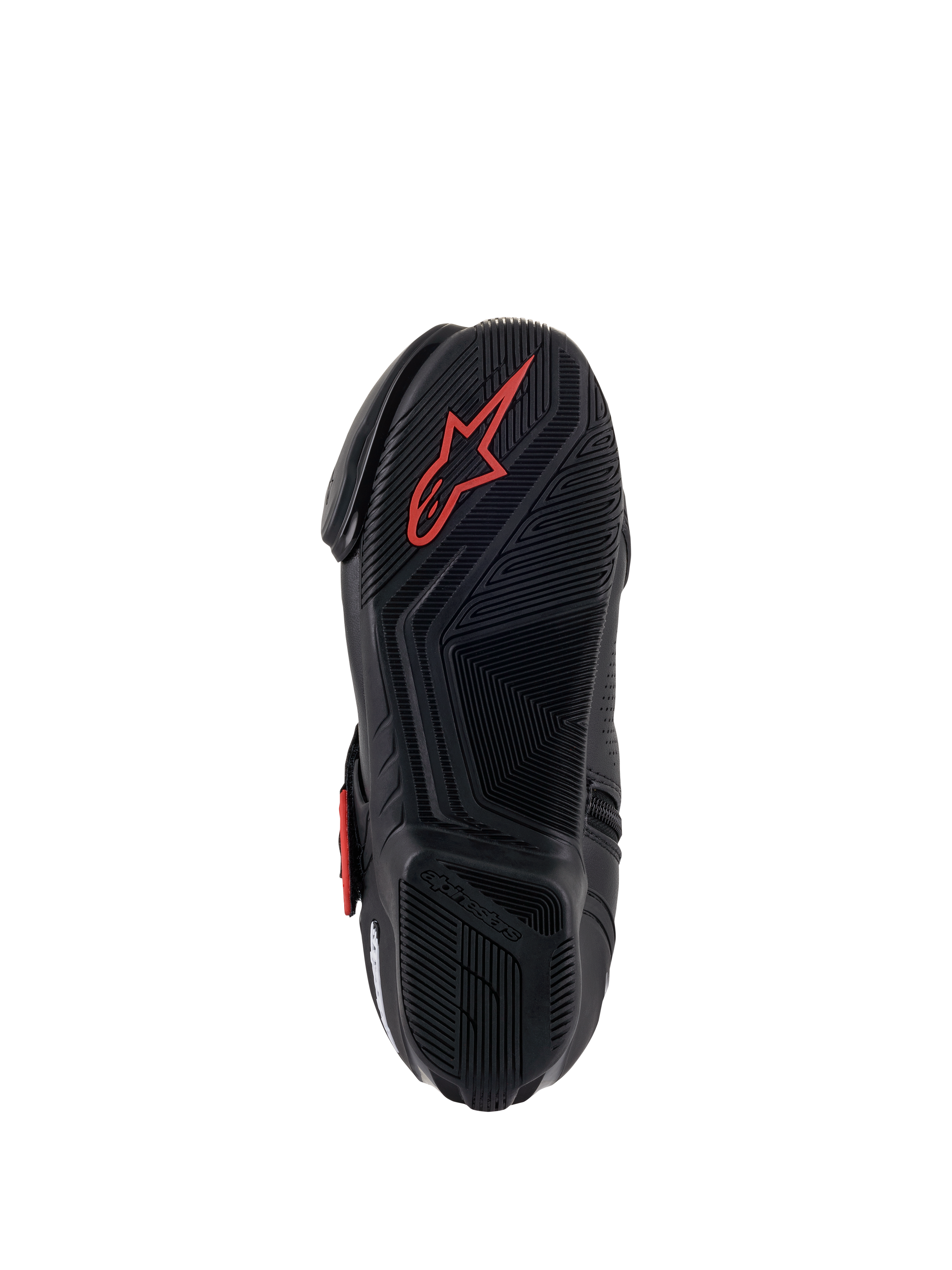Alpinestars SMX-1 R V2 Ventilati, scarpa da moto, nero e rosso, vista dal basso della suola in mescola di gomma con motivi di aderenza testurizzati e logo Astars rosso