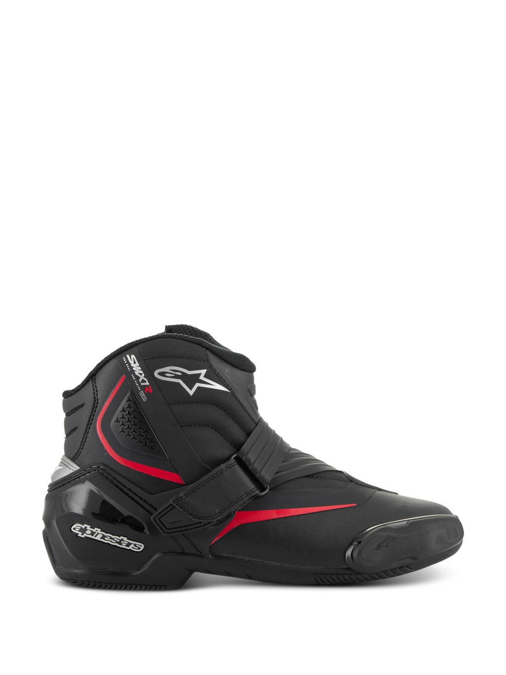 Stivali Alpinestars SMX-1 R V2, stivali da moto bassi ad alte prestazioni, neri con dettagli rossi e bianchi, dotati di chiusura sicura con cinturino in Velcro, protezione della caviglia e tallone rinforzato in TPU, zone di flessione a fisarmonica e suola in gomma testurizzata per la guida sportiva su strada.