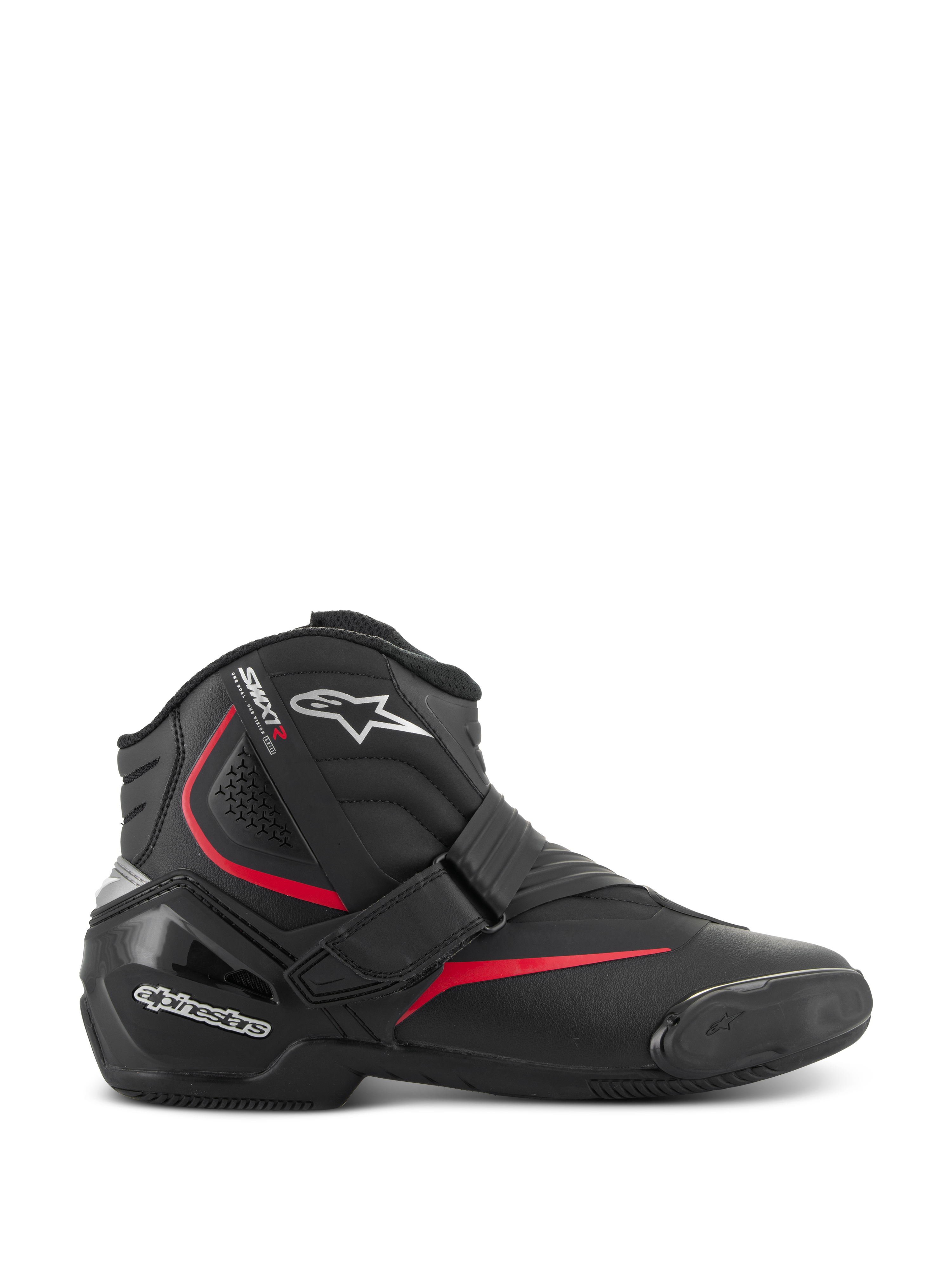 Stivali Alpinestars SMX-1 R V2, stivali da moto bassi ad alte prestazioni, neri con dettagli rossi e bianchi, dotati di chiusura sicura con cinturino in Velcro, protezione della caviglia e tallone rinforzato in TPU, zone di flessione a fisarmonica e suola in gomma testurizzata per la guida sportiva su strada.