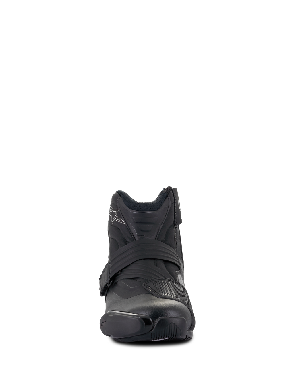 Stivali Stella SMX-1 R V2 Donna Alpinestars, stivale da moto a profilo basso ad alte prestazioni, nero, vista frontale, con tomaia in microfibra, paracambio in TPU e cinturino di chiusura ergonomico, design d'ispirazione sportiva