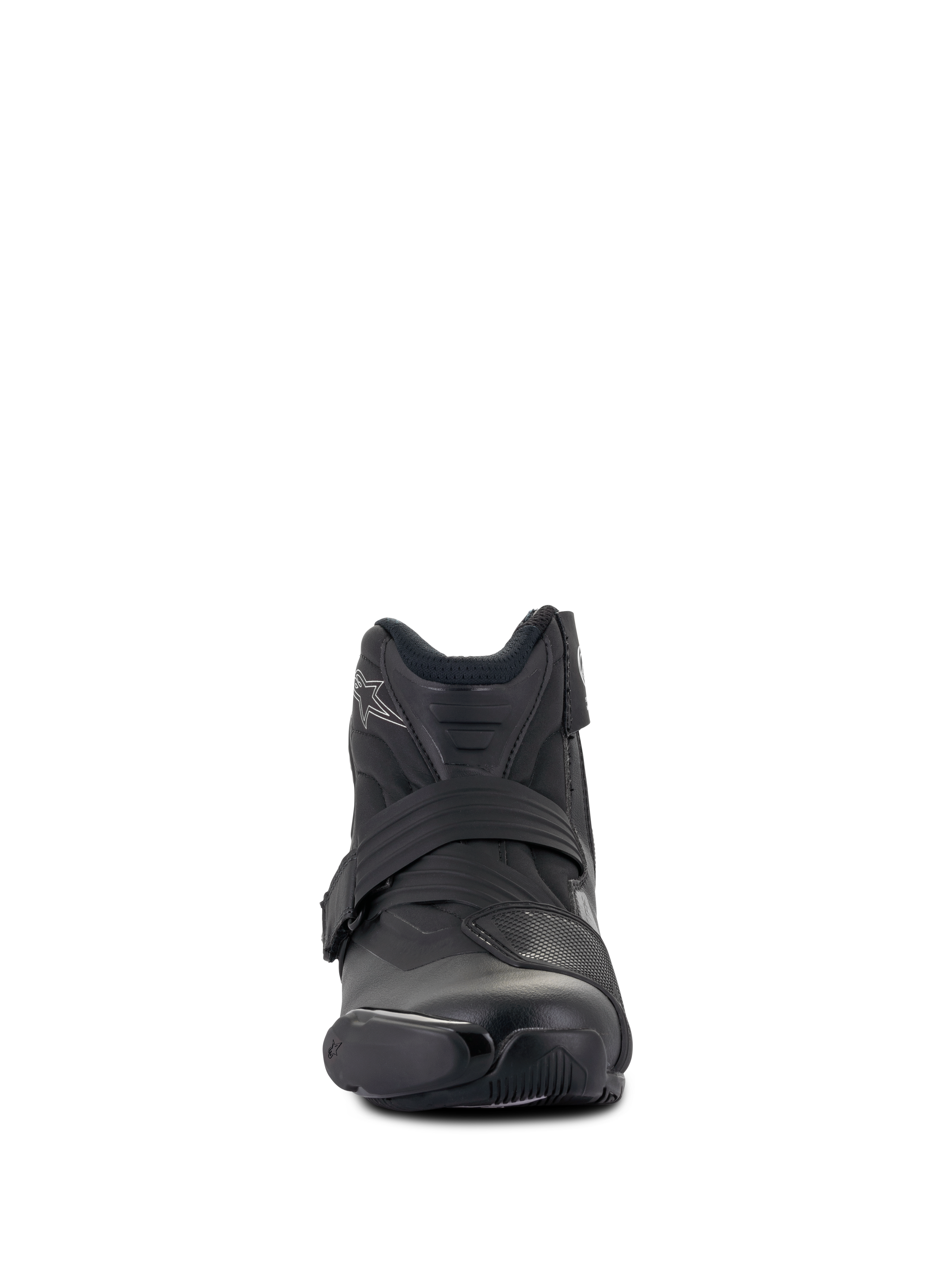 Stivali Stella SMX-1 R V2 Donna Alpinestars, stivale da moto a profilo basso ad alte prestazioni, nero, vista frontale, con tomaia in microfibra, paracambio in TPU e cinturino di chiusura ergonomico, design d'ispirazione sportiva