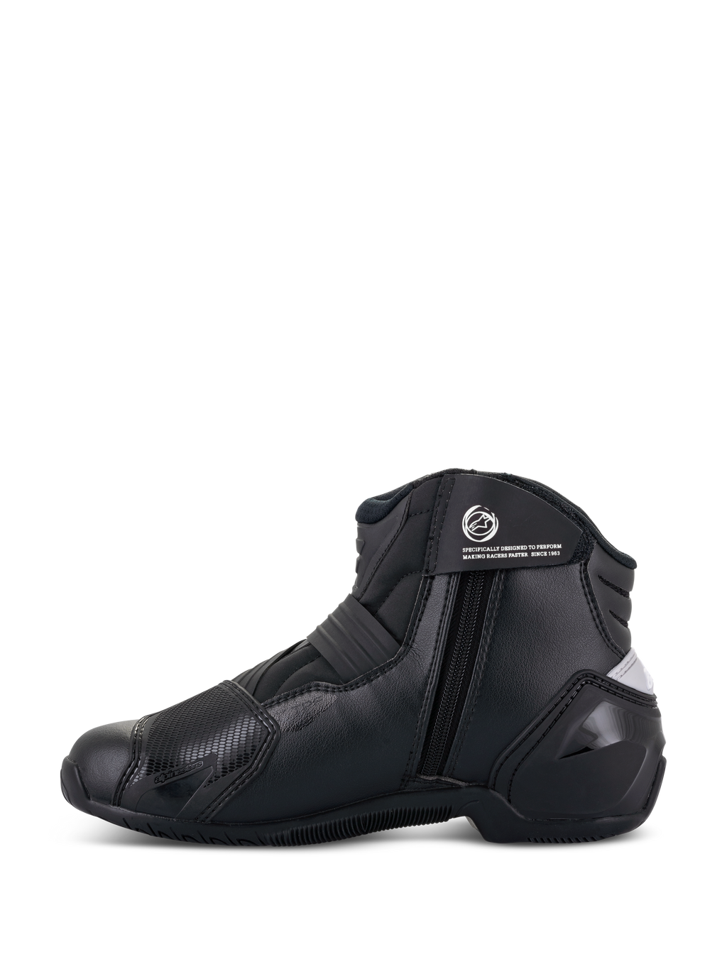 Alpinestars Stivali Stella SMX-1 R V2 da donna, nero, stivale da moto a taglio basso, vista laterale con chiusura a zip, cinturino alla caviglia con logo e struttura in microfibra con protezione del tallone in TPU