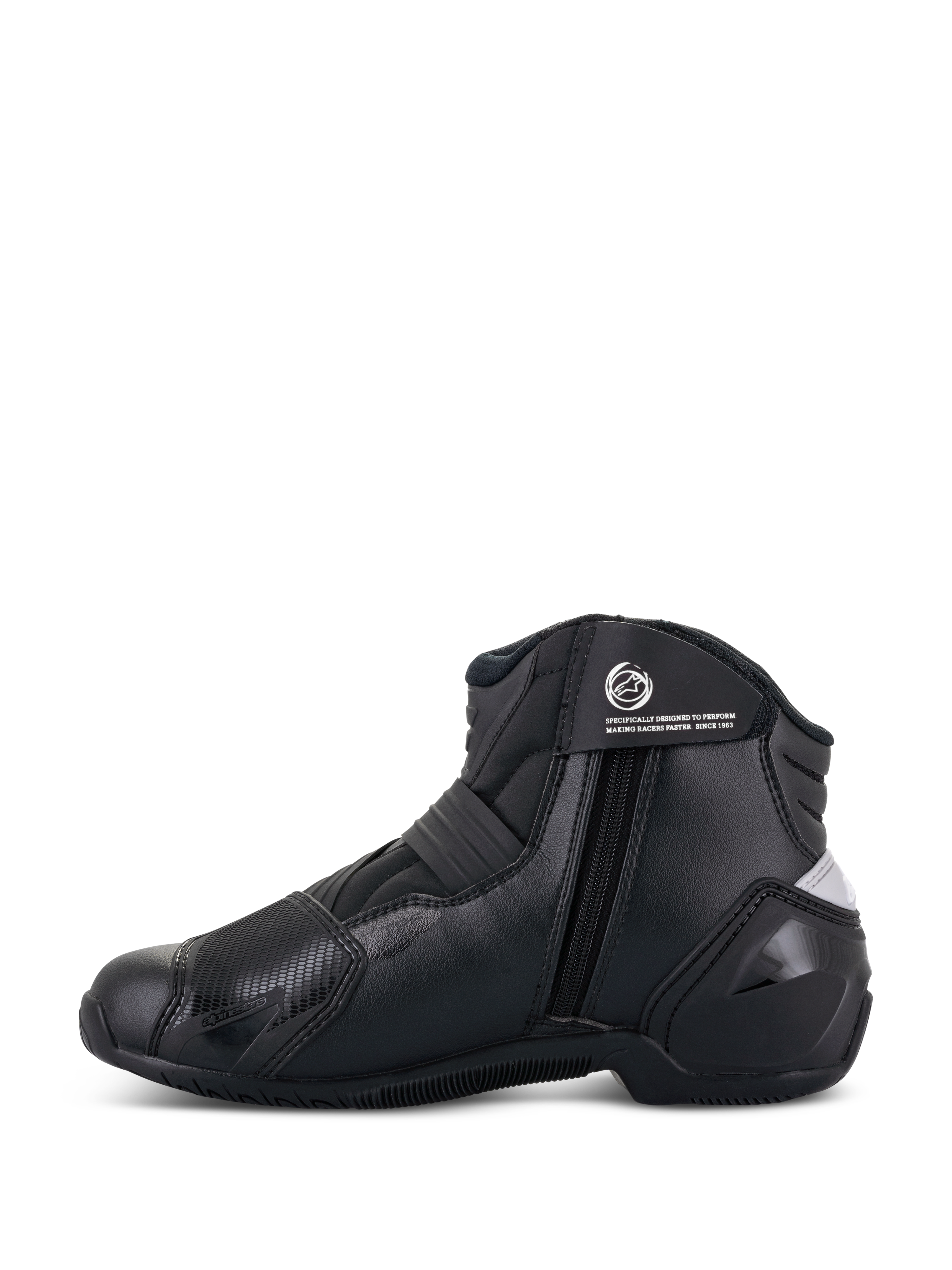 Alpinestars Stivali Stella SMX-1 R V2 da donna, nero, stivale da moto a taglio basso, vista laterale con chiusura a zip, cinturino alla caviglia con logo e struttura in microfibra con protezione del tallone in TPU