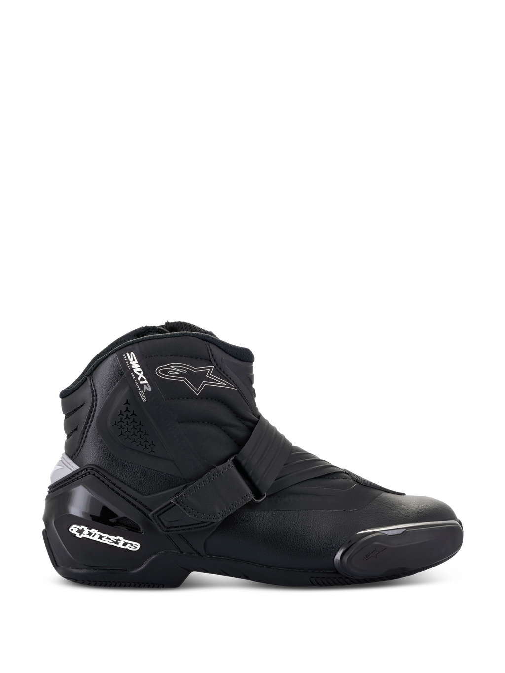 Stivali Alpinestars Stella SMX-1 R V2, scarpa da moto bassa da donna, nero, vista laterale con costruzione in microfibra, chiusura con cinturino regolabile, tallone rinforzato in TPU con logo bianco, dettaglio logo a stella e suola in gomma resistente.