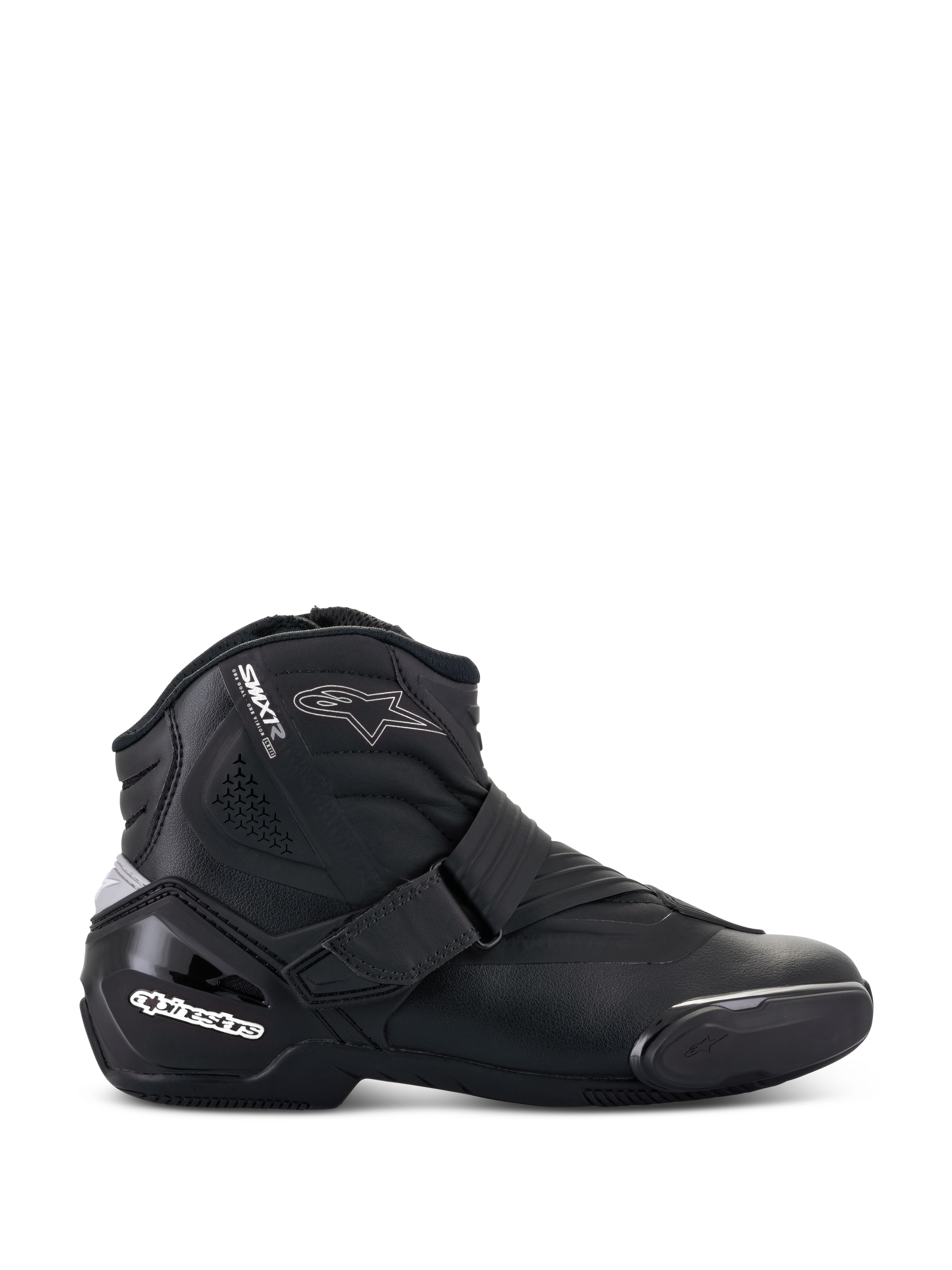 Stivali Alpinestars Stella SMX-1 R V2, scarpa da moto bassa da donna, nero, vista laterale con costruzione in microfibra, chiusura con cinturino regolabile, tallone rinforzato in TPU con logo bianco, dettaglio logo a stella e suola in gomma resistente.