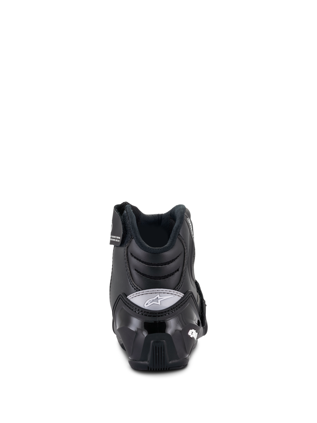 Alpinestars Stella SMX-1 R V2 da donna, stivali da moto a taglio basso, nero, vista posteriore che mostra il contrafforte del tallone in TPU rinforzato e il logo Alpinestars grigio, calzature tecniche da moto