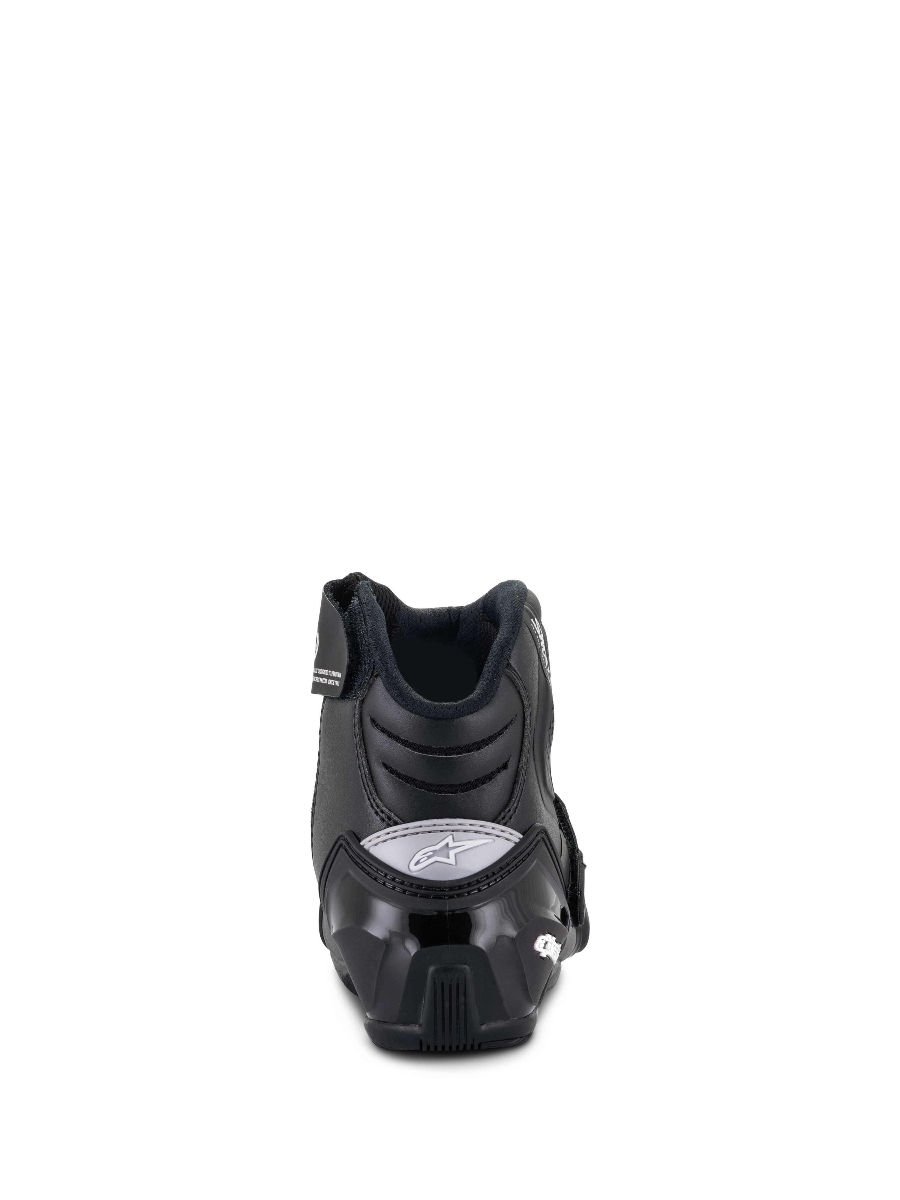 Alpinestars Stella SMX-1 R V2 da donna, stivali da moto a taglio basso, nero, vista posteriore che mostra il contrafforte del tallone in TPU rinforzato e il logo Alpinestars grigio, calzature tecniche da moto