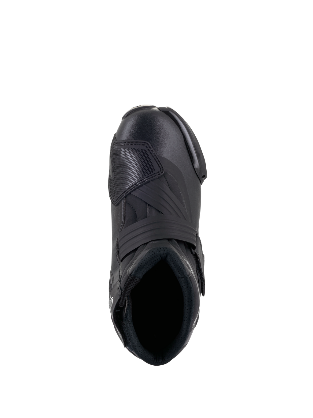 Stivali Alpinestars Stella SMX-1 R V2 da donna, scarpa tecnica da moto a profilo basso in nero, vista dall'alto che mostra l'apertura per il piede, il cinturino sul collo del piede e il rinforzo per il cambio in TPU testurizzato, elegante costruzione in microfibra