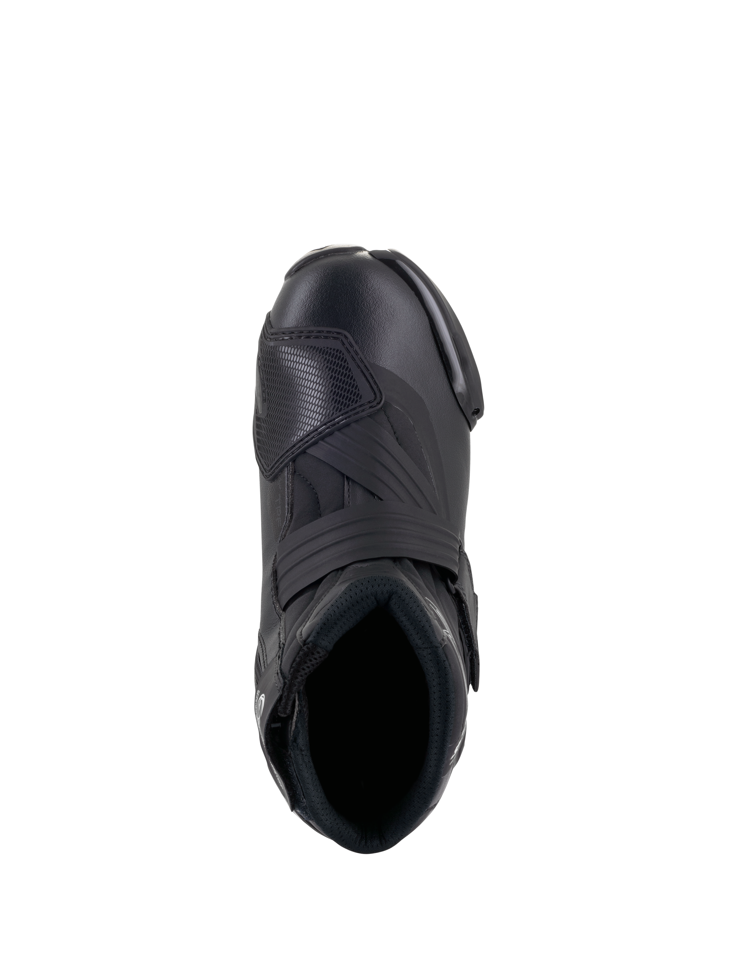Stivali Alpinestars Stella SMX-1 R V2 da donna, scarpa tecnica da moto a profilo basso in nero, vista dall'alto che mostra l'apertura per il piede, il cinturino sul collo del piede e il rinforzo per il cambio in TPU testurizzato, elegante costruzione in microfibra