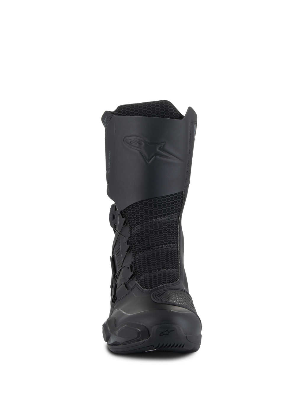 Alpinestars SP-X BOA® Drystar® Boots, stivali da moto Sport Touring di media lunghezza, neri, con pannelli frontali in mesh, logo in rilievo sulla placca tibiale e sistema di chiusura BOA Speed Lace per una calzata sicura.