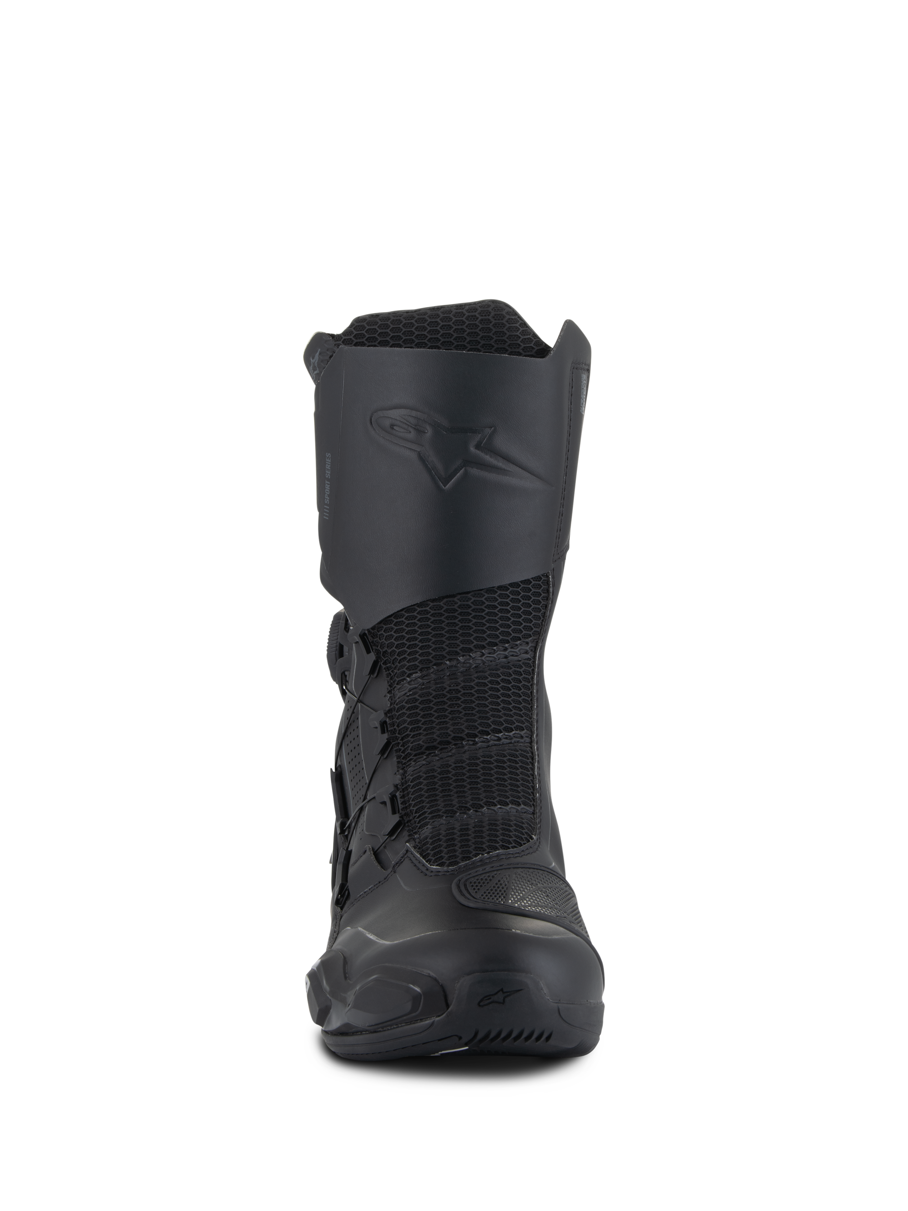 Alpinestars SP-X BOA® Drystar® Boots, stivali da moto Sport Touring di media lunghezza, neri, con pannelli frontali in mesh, logo in rilievo sulla placca tibiale e sistema di chiusura BOA Speed Lace per una calzata sicura.