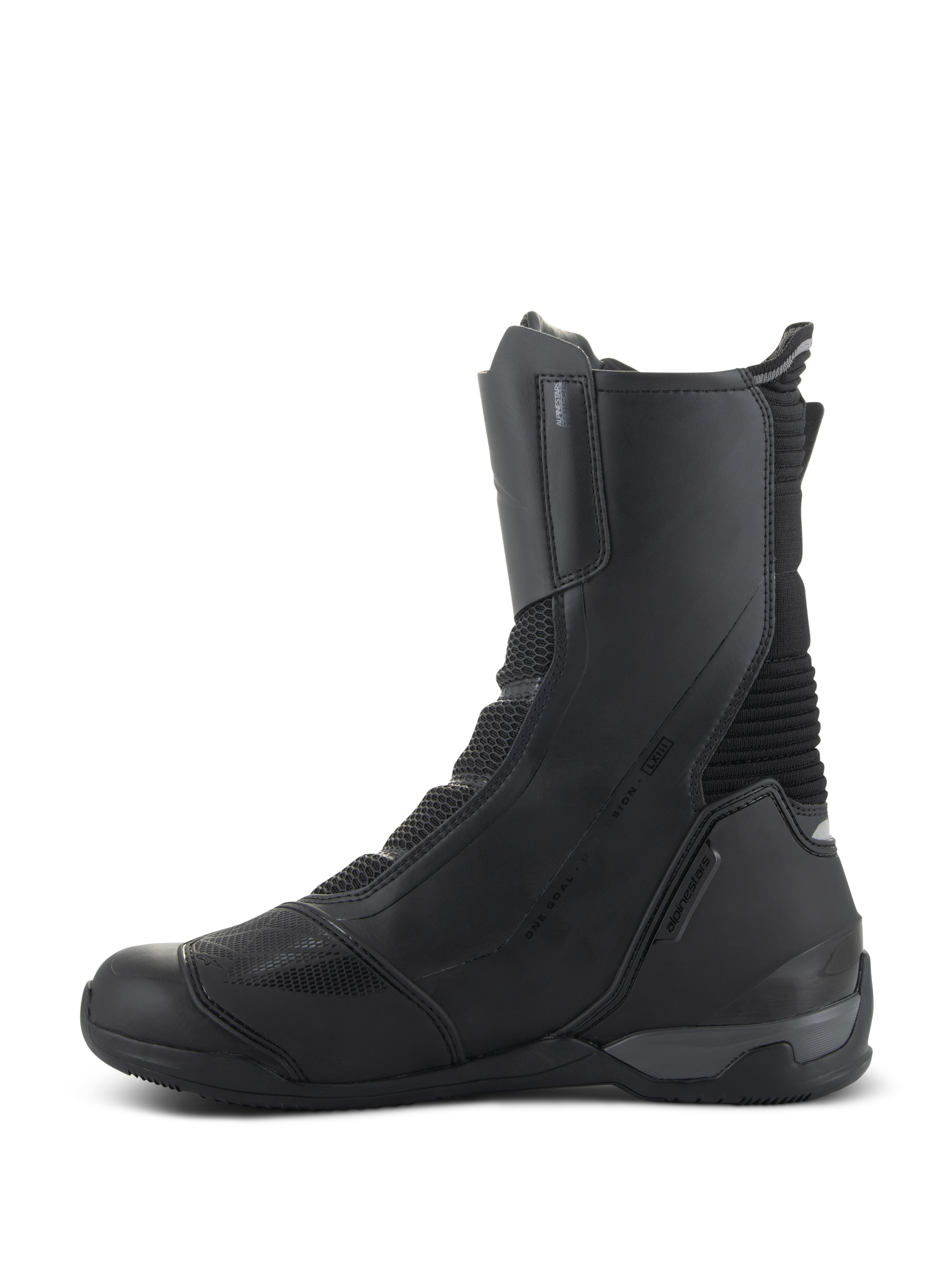 Alpinestars SP-X BOA Drystar Boots, stivali da moto sport touring di media altezza, neri, vista laterale mediale con costruzione in microfibra e mesh, tallone rinforzato e design protettivo per la guida su strada