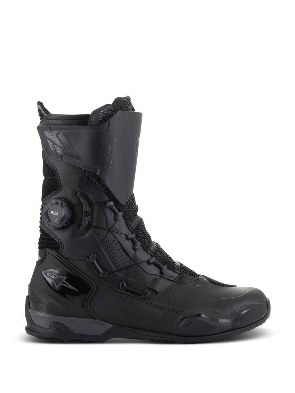 Alpinestars SP-X BOA Drystar Boots, stivali da moto touring, nero e grigio scuro, profilo laterale con sistema di allacciatura rapida BOA e marchio Drystar, design impermeabile di media altezza con rinforzi in mesh e TPU