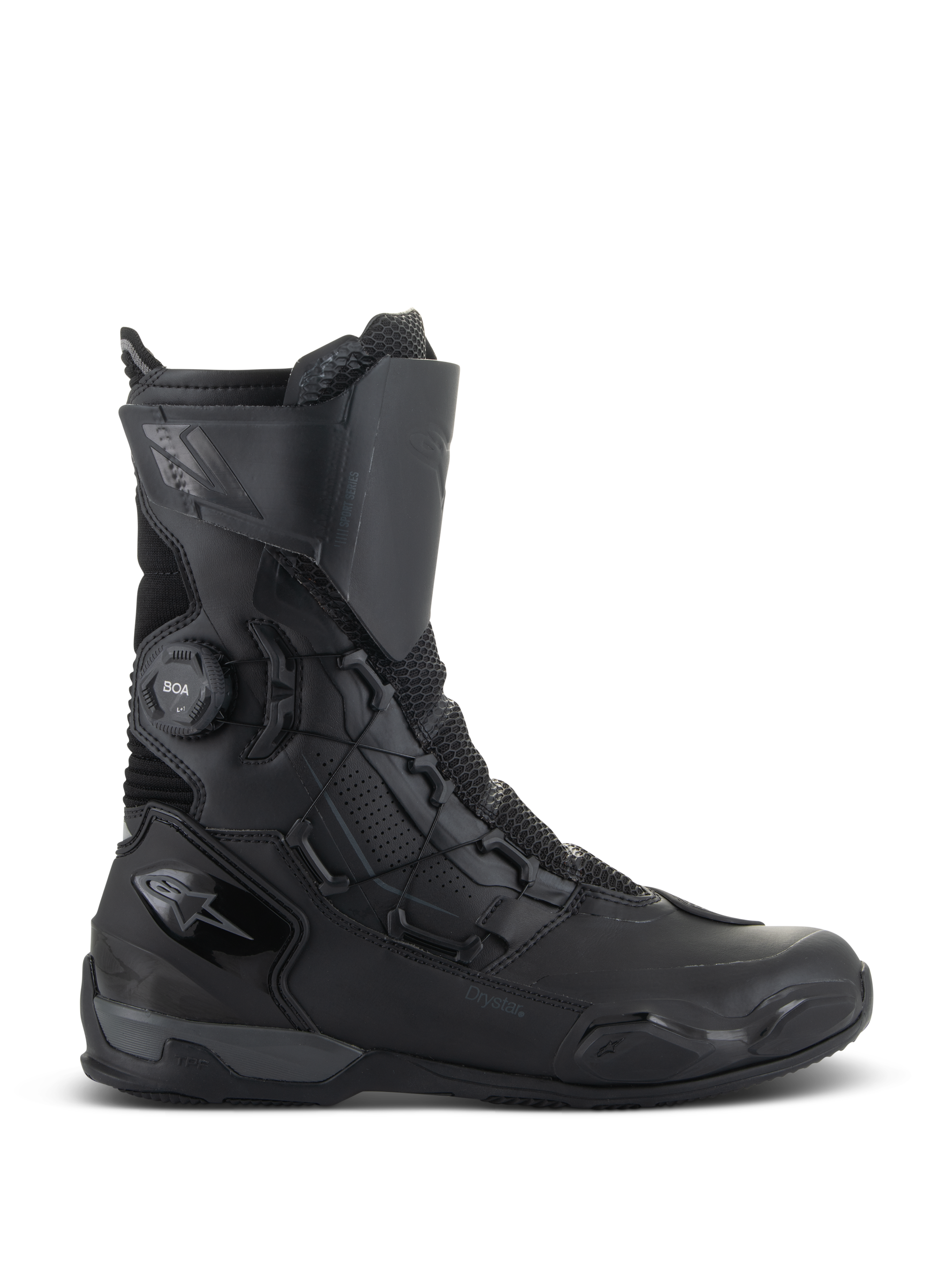 Alpinestars SP-X BOA Drystar Boots, stivali da moto touring, nero e grigio scuro, profilo laterale con sistema di allacciatura rapida BOA e marchio Drystar, design impermeabile di media altezza con rinforzi in mesh e TPU