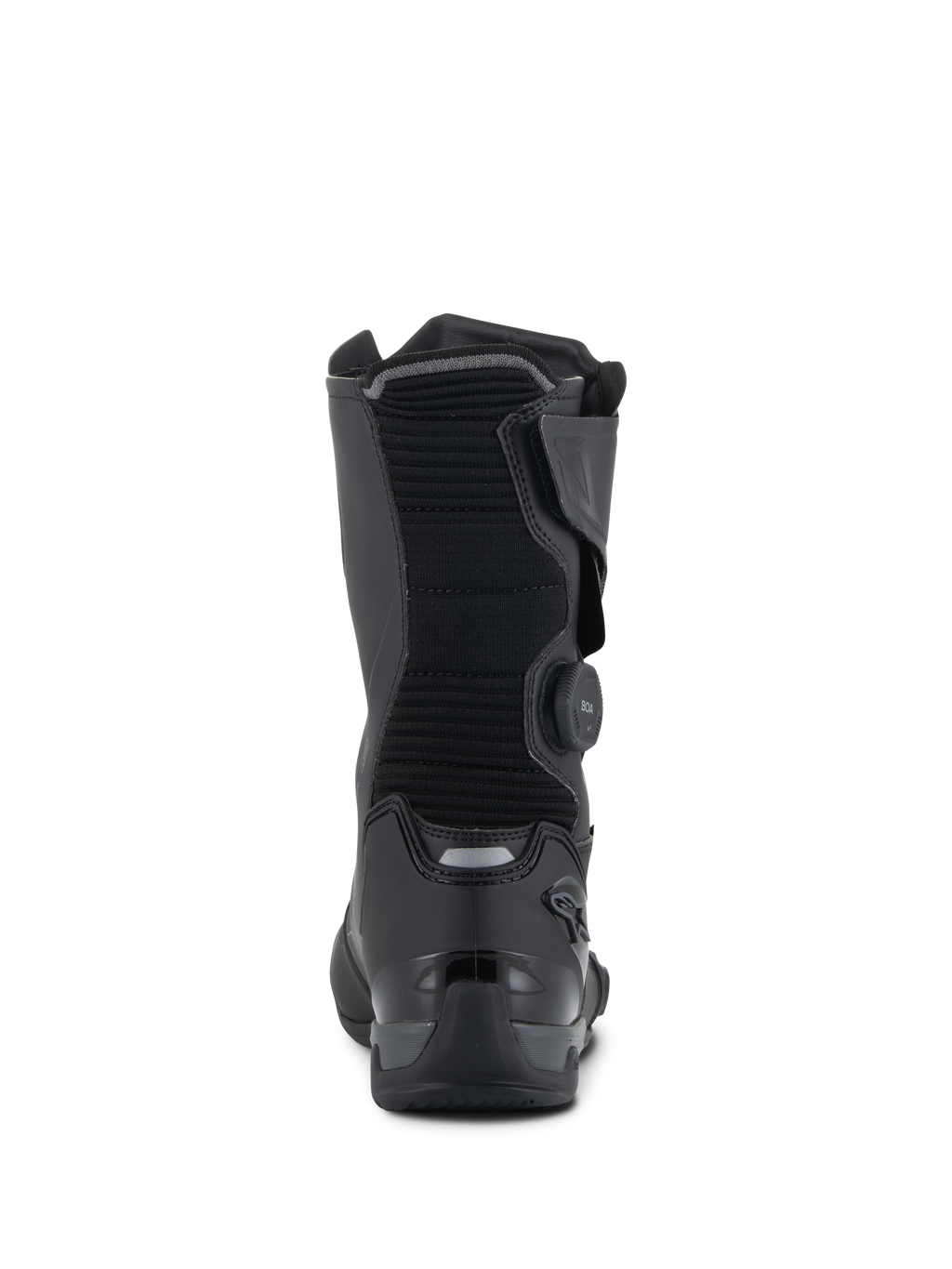 Alpinestars SP-X BOA® Drystar® Boots, nero e grigio scuro, vista posteriore che mostra il polpaccio in tessuto a costine, sistema di chiusura BOA laterale e contrafforte del tallone in TPU rinforzato con dettagli riflettenti, calzature tecniche da sport-touring