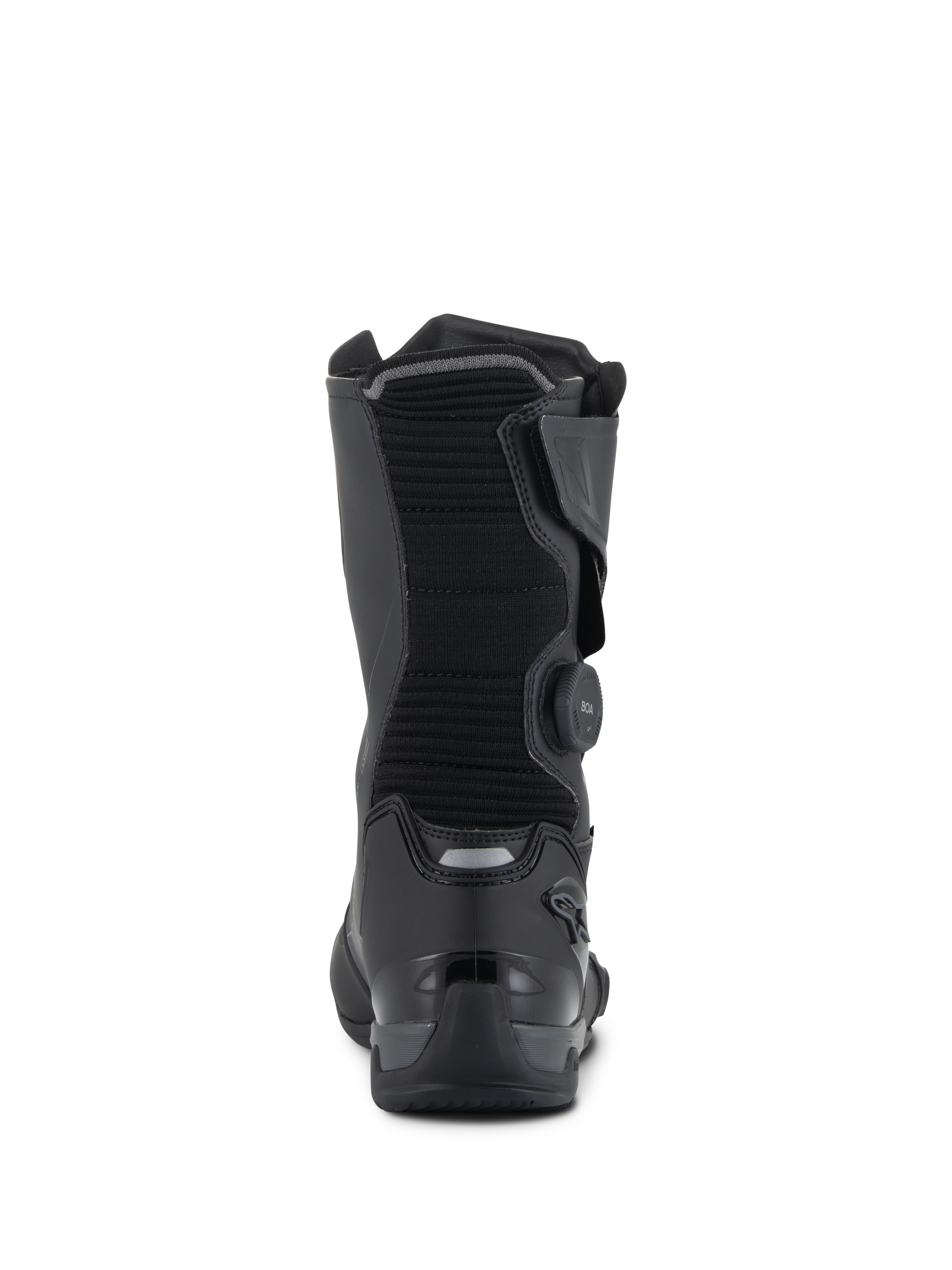Alpinestars SP-X BOA® Drystar® Boots, nero e grigio scuro, vista posteriore che mostra il polpaccio in tessuto a costine, sistema di chiusura BOA laterale e contrafforte del tallone in TPU rinforzato con dettagli riflettenti, calzature tecniche da sport-touring