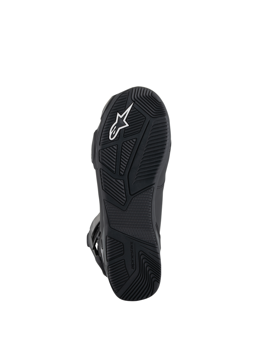 Alpinestars SP-X BOA® Drystar® Boots, stivali da moto, vista dal basso della suola in gomma nera con motivi di grip testurizzati, logo Astar bianco e marchio in rilievo per trazione e stabilità