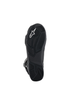 Alpinestars SP-X BOA® Drystar® Boots, stivali da moto, vista dal basso della suola in gomma nera con motivi di grip testurizzati, logo Astar bianco e marchio in rilievo per trazione e stabilità