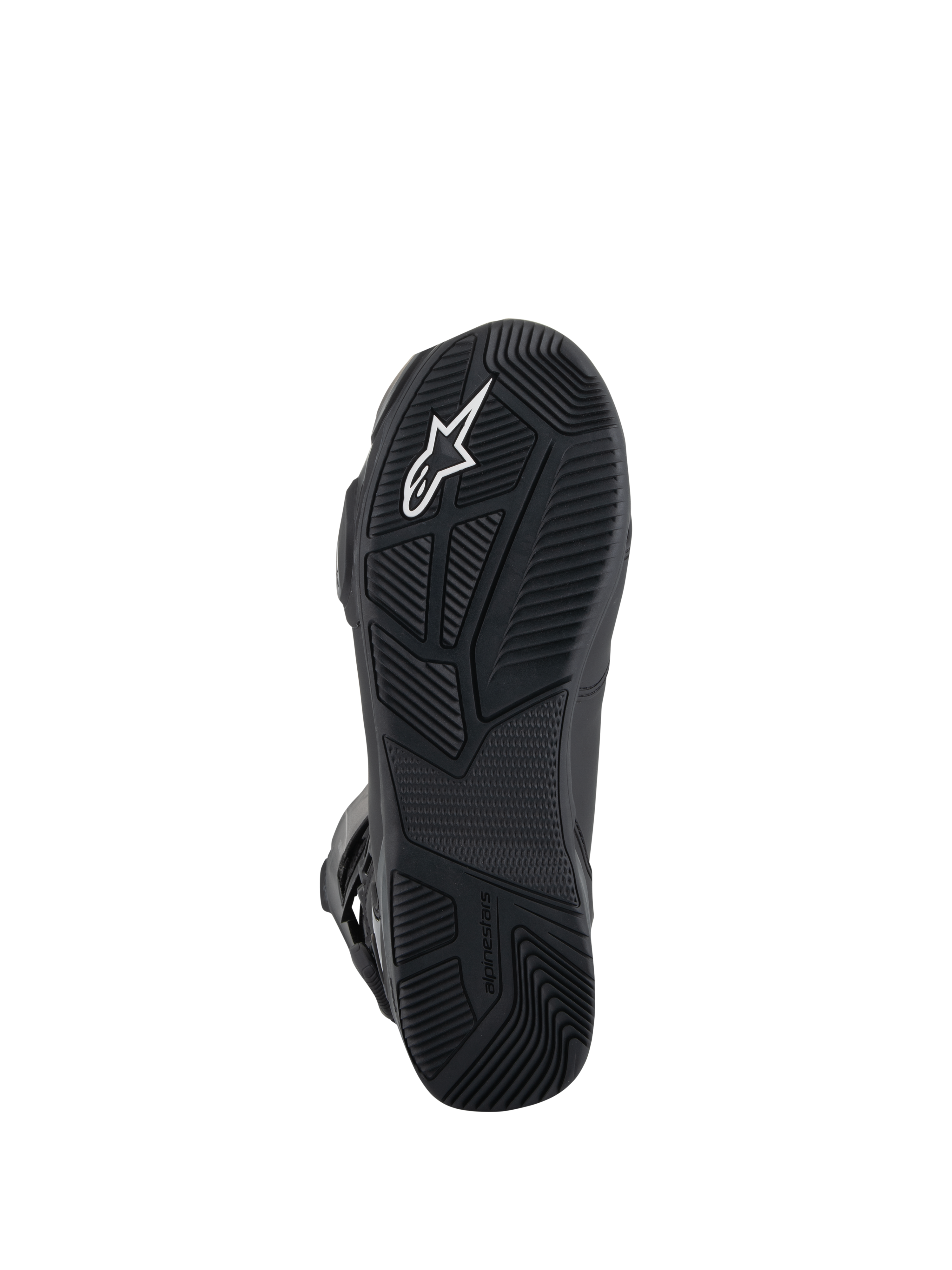 Alpinestars SP-X BOA® Drystar® Boots, stivali da moto, vista dal basso della suola in gomma nera con motivi di grip testurizzati, logo Astar bianco e marchio in rilievo per trazione e stabilità