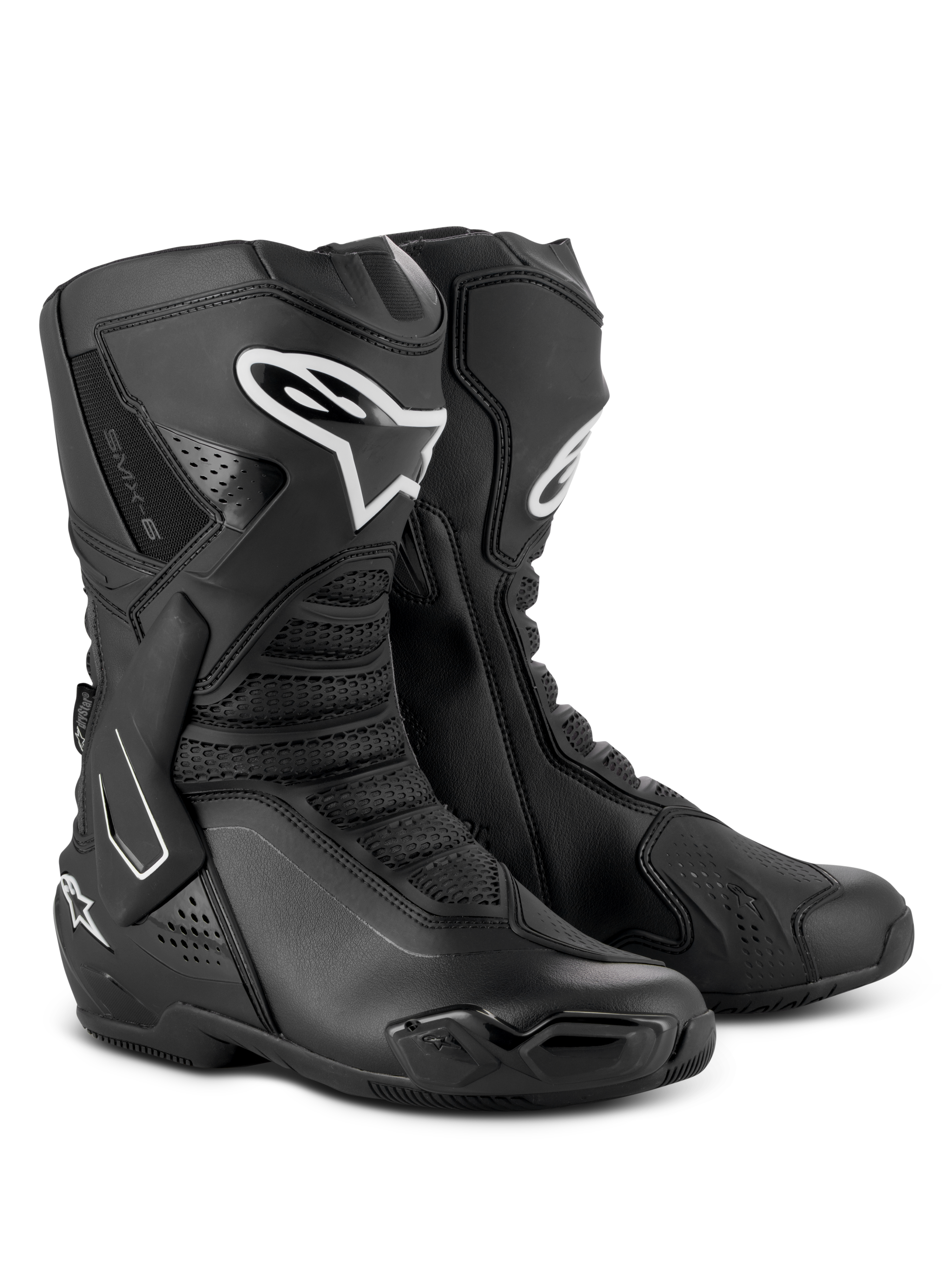 Stivali Alpinestars SMX-6 V3 Drystar®, stivali da moto ad alte prestazioni, nero, con parastinchi in TPU e logo Alpinestars bianco, slider della punta sostituibili e costruzione avanzata in microfibra, abbigliamento per guida sportiva e stradale