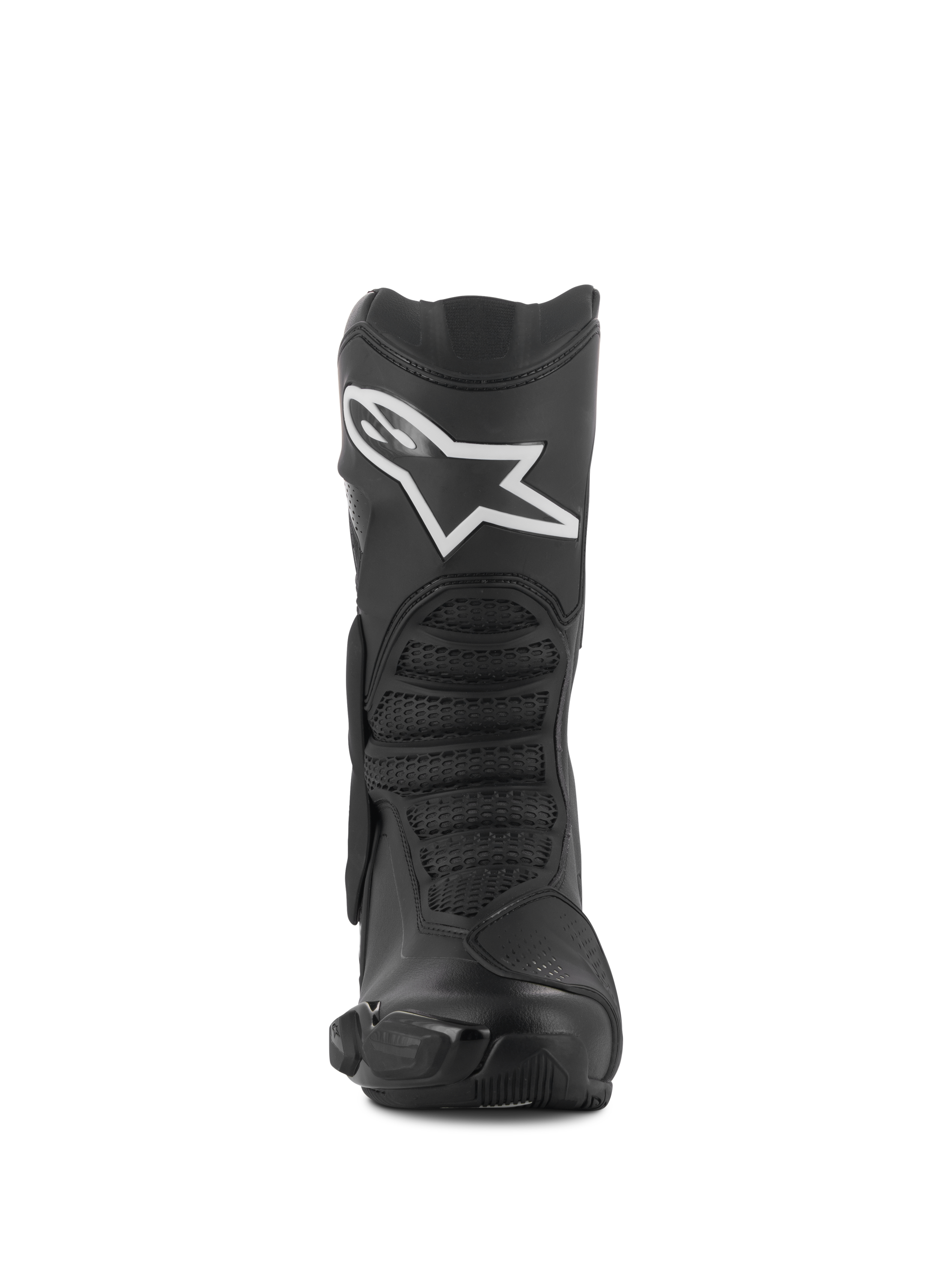 Stivali Alpinestars SMX-6 V3 Drystar®, nero, vista frontale, stivali da guida sportiva e ad alte prestazioni con logo Alpinestars bianco sullo stinco, protezioni in TPU e zone di flessione testurizzate