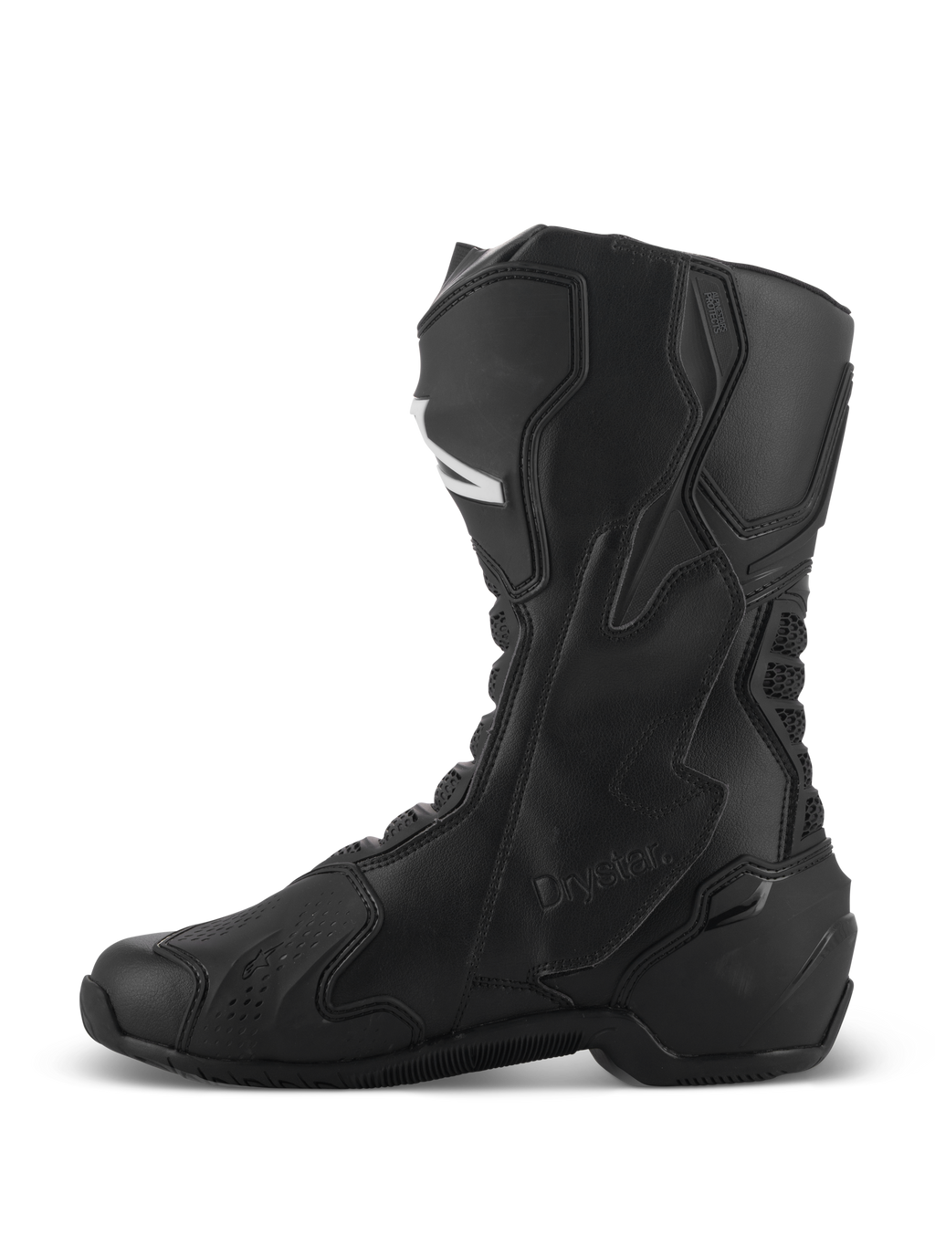 Stivali Alpinestars SMX-6 V3 Drystar®, stivali da moto performanti neri, profilo laterale che mostra la costruzione in microfibra a taglio alto, pannelli protettivi in TPU e marchio Drystar