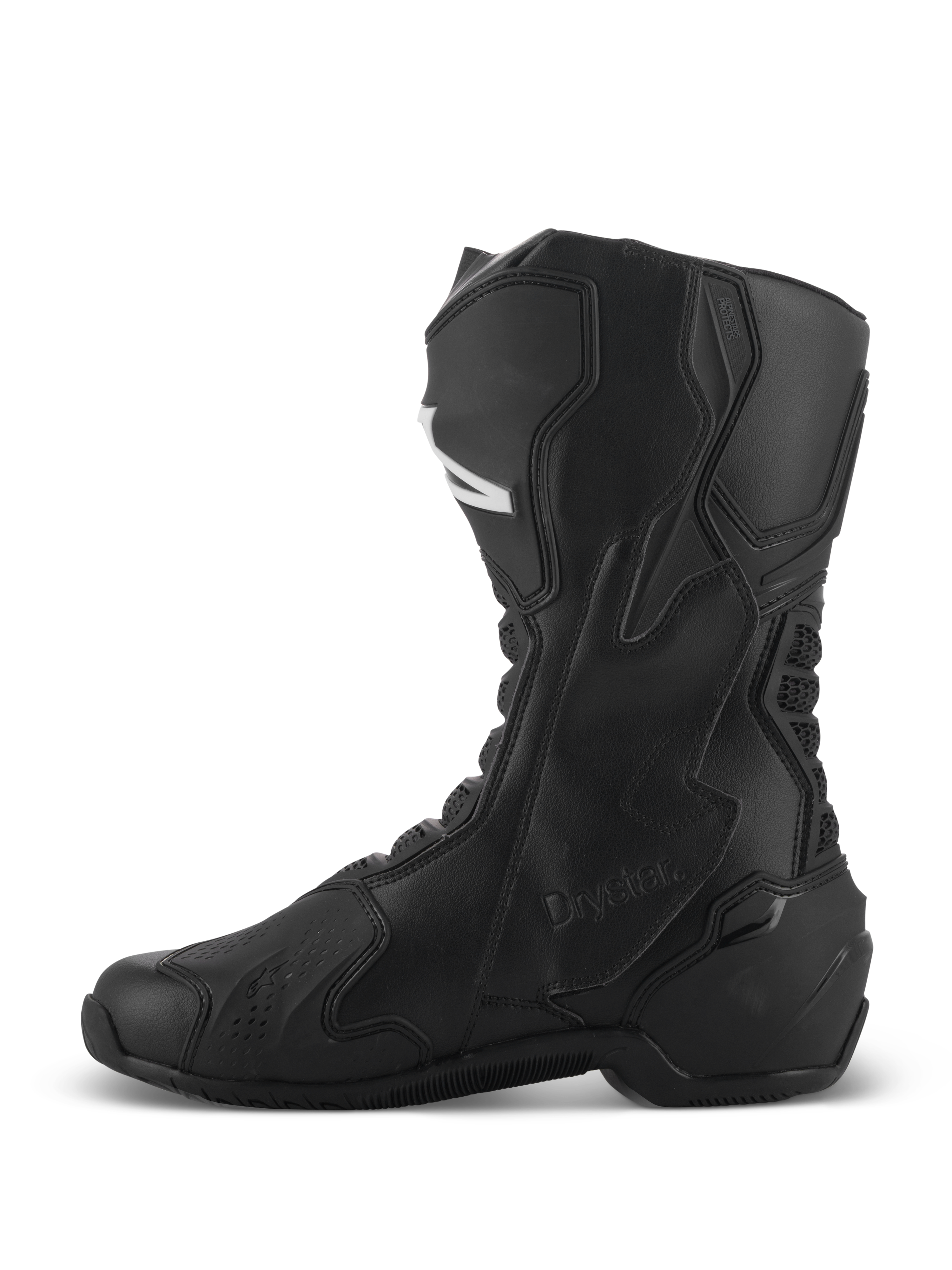 Stivali Alpinestars SMX-6 V3 Drystar®, stivali da moto performanti neri, profilo laterale che mostra la costruzione in microfibra a taglio alto, pannelli protettivi in TPU e marchio Drystar