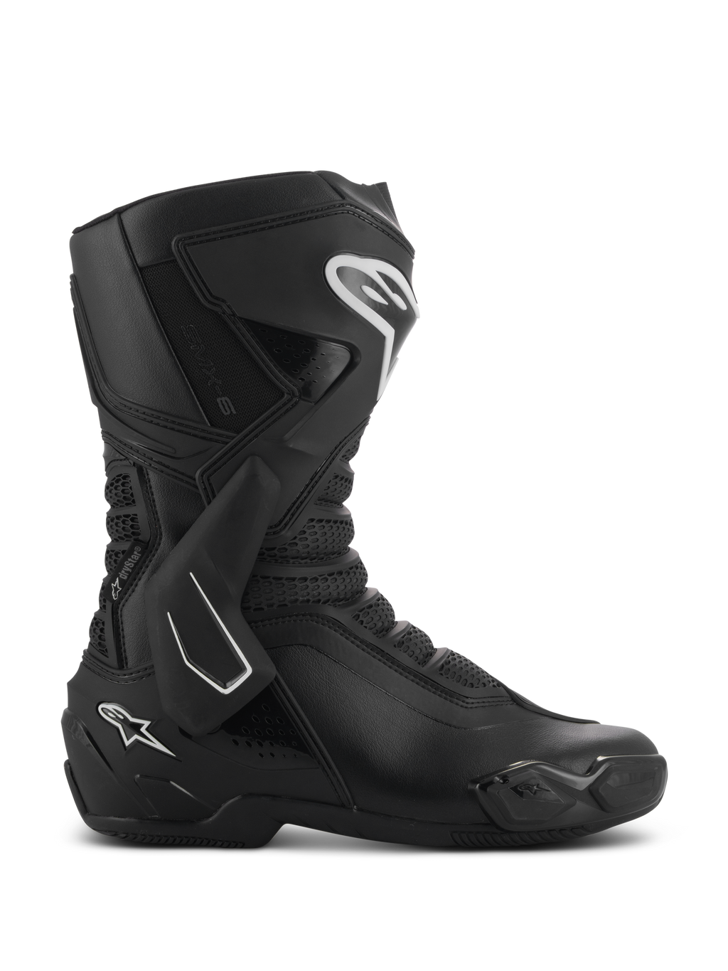 Alpinestars SMX-6 V3 Drystar Boots, stivali da moto tecnici neri visti di profilo, con dettagli del logo bianchi, supporto laterale della caviglia in TPU, parastinchi rinforzato e pannelli in mesh flessibili.