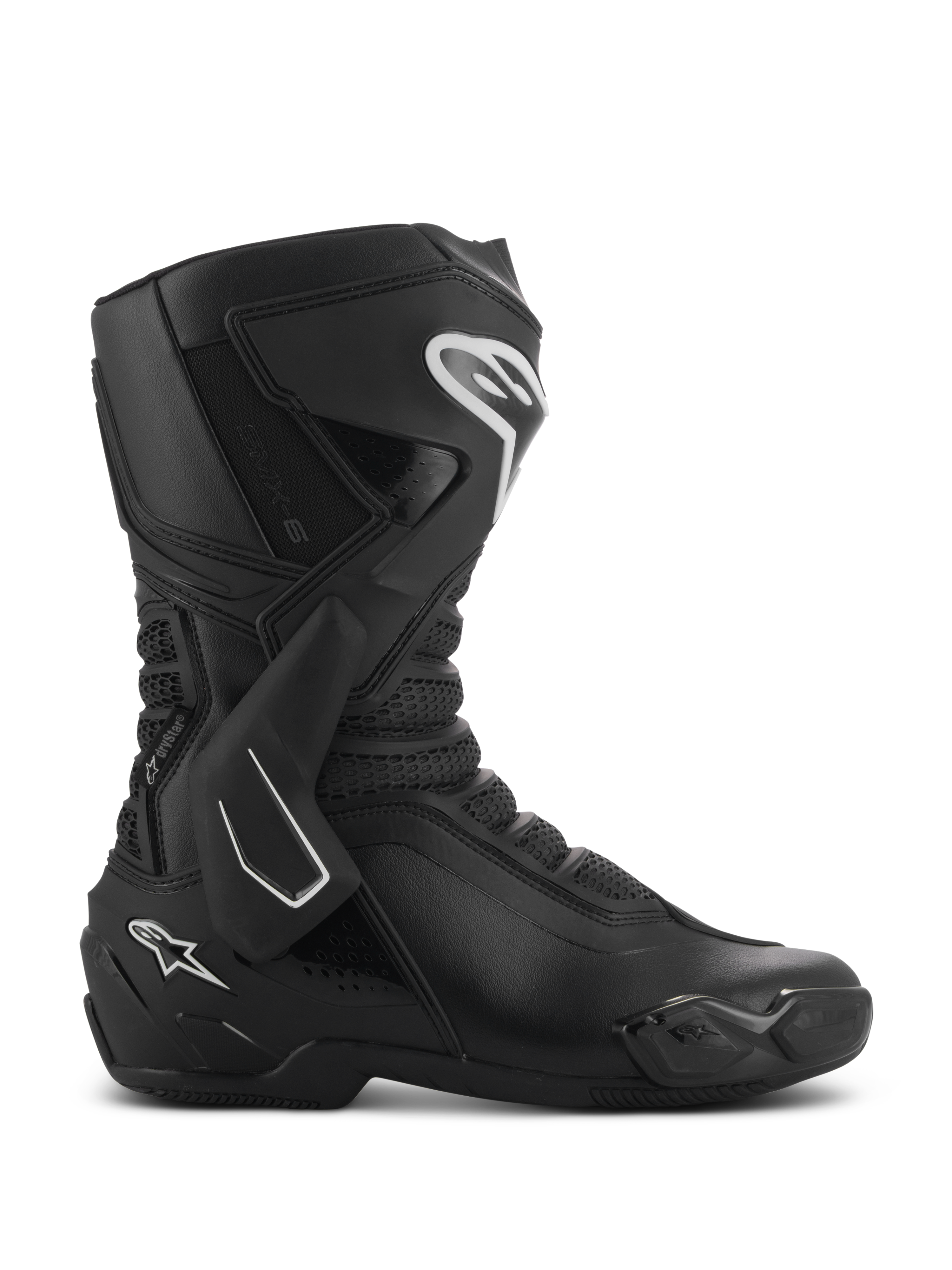 Alpinestars SMX-6 V3 Drystar Boots, stivali da moto tecnici neri visti di profilo, con dettagli del logo bianchi, supporto laterale della caviglia in TPU, parastinchi rinforzato e pannelli in mesh flessibili.
