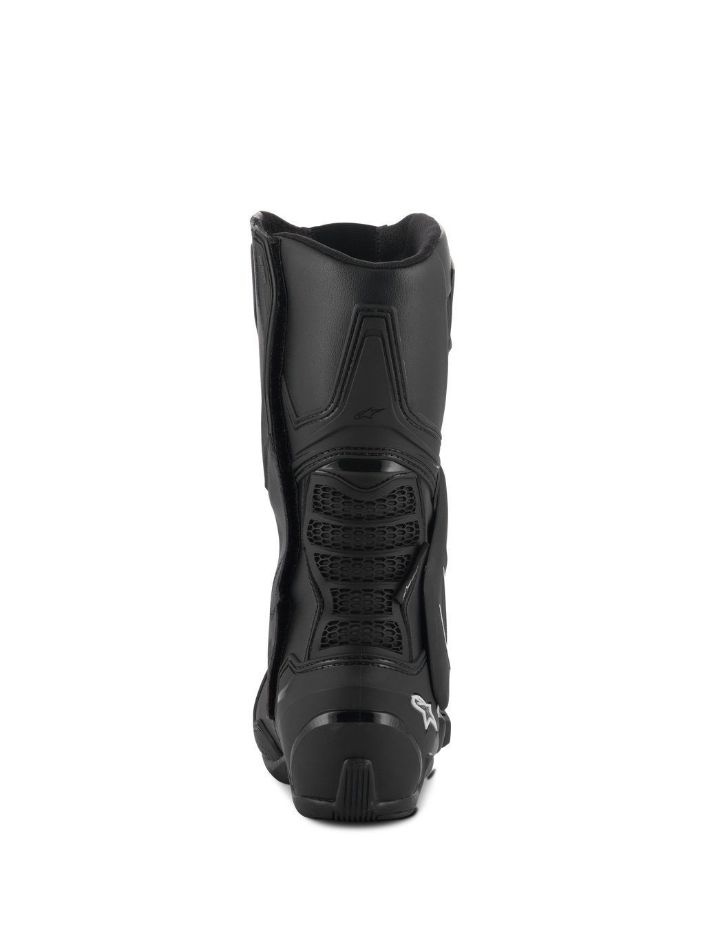 Stivali Alpinestars SMX-6 V3 Drystar®, stivali da moto performance, nero, vista posteriore con protezione tallone in TPU e ponte posteriore del polpaccio con dettaglio in mesh, logo bianco sul tallone