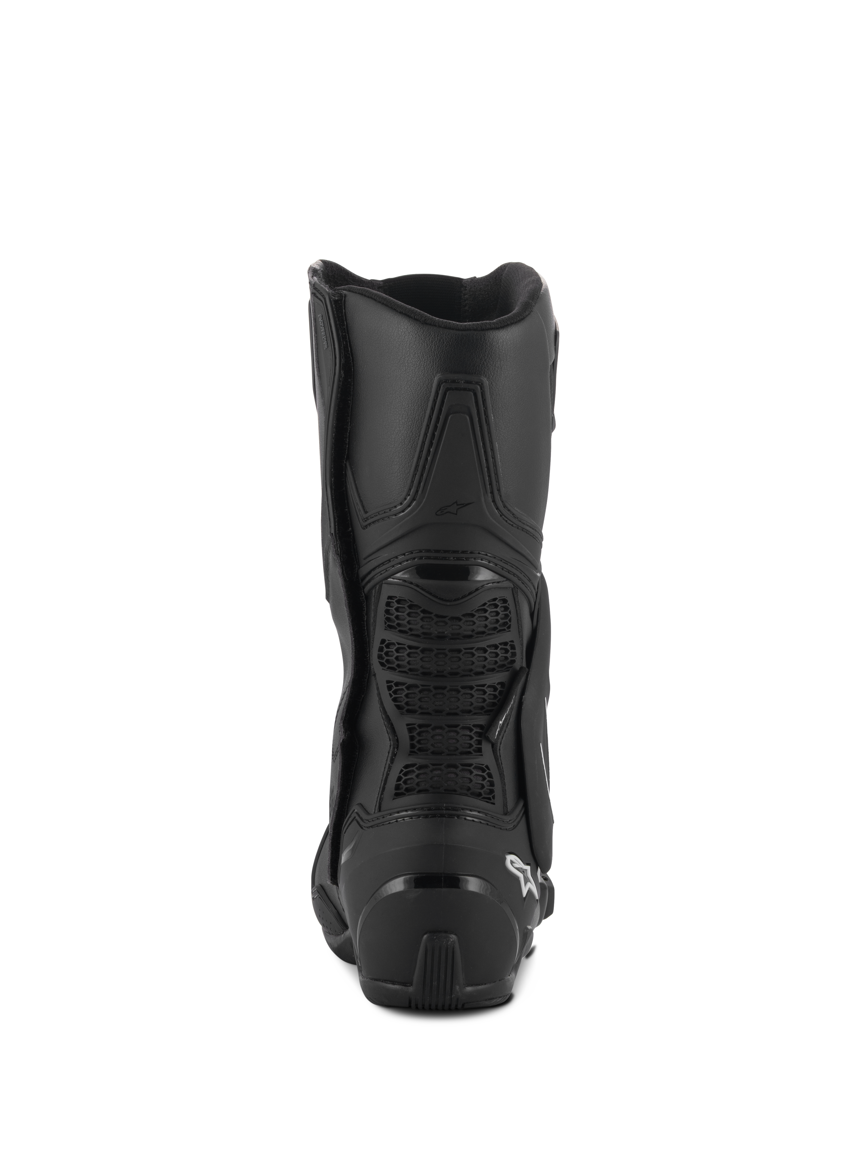 Stivali Alpinestars SMX-6 V3 Drystar®, stivali da moto performance, nero, vista posteriore con protezione tallone in TPU e ponte posteriore del polpaccio con dettaglio in mesh, logo bianco sul tallone