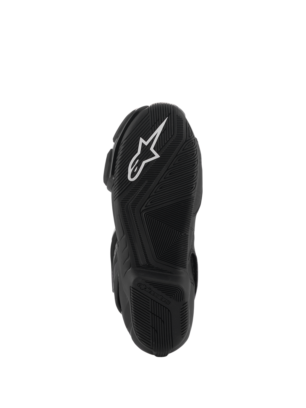 Stivali Alpinestars SMX-6 V3 Drystar®, vista della suola in gomma nera con logo A-star bianco sul battistrada anteriore e marchio Alpinestars in rilievo sul tallone, trama testurizzata complessa per grip e prestazioni