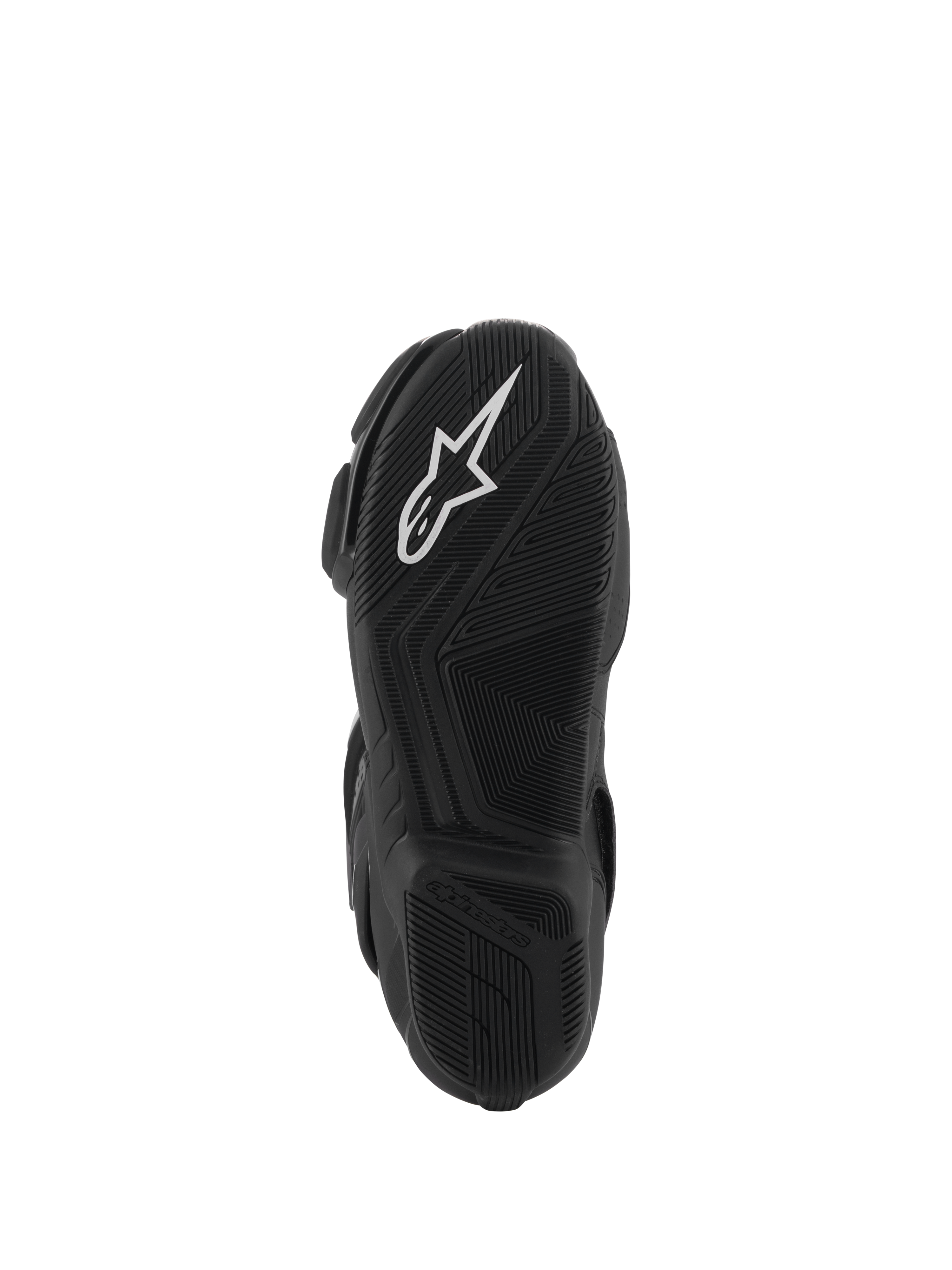 Stivali Alpinestars SMX-6 V3 Drystar®, vista della suola in gomma nera con logo A-star bianco sul battistrada anteriore e marchio Alpinestars in rilievo sul tallone, trama testurizzata complessa per grip e prestazioni