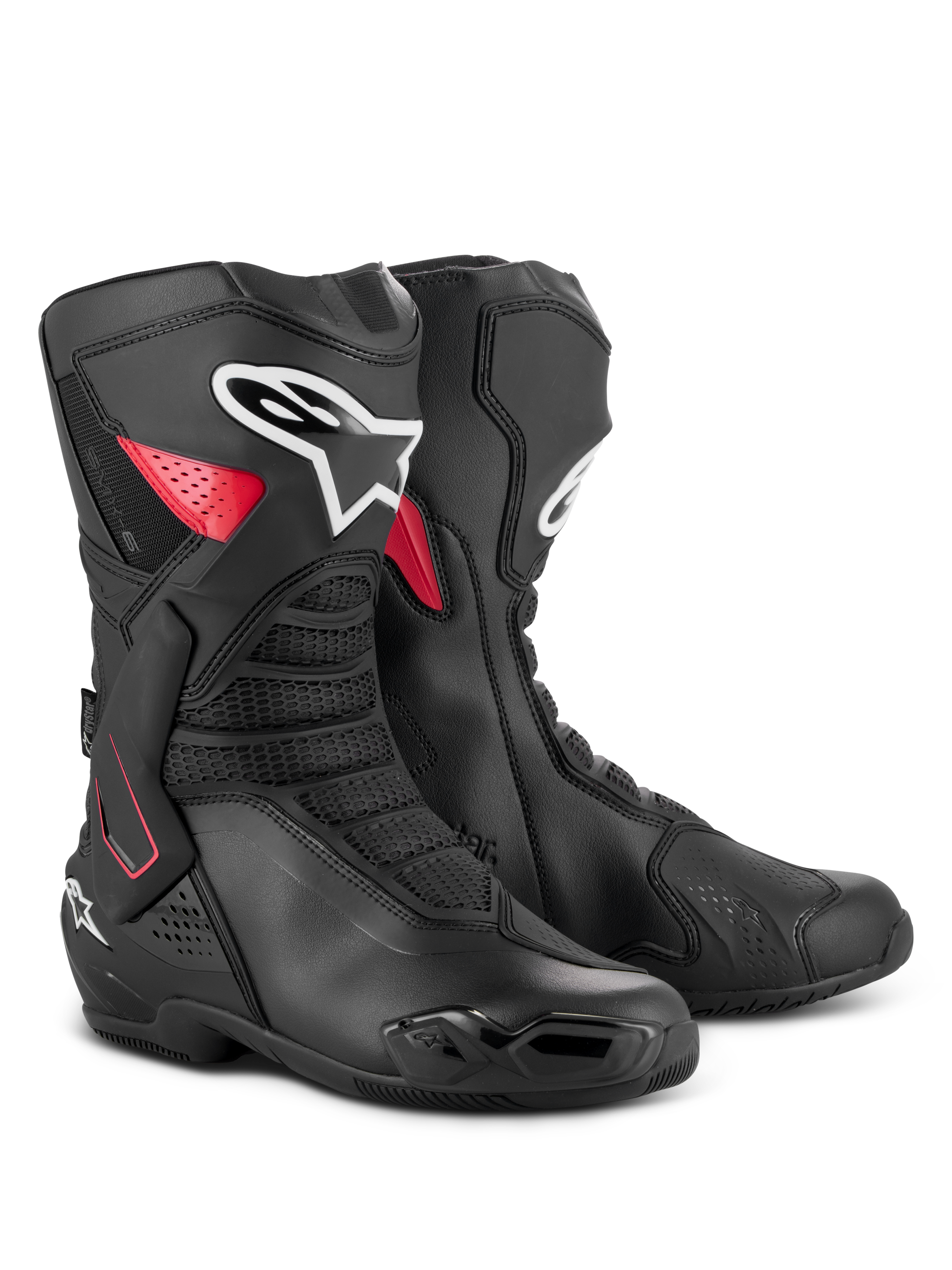 Stivali Alpinestars SMX-6 V3 Drystar, stivali da moto performanti e impermeabili, nero e rosso, caratterizzati da un supporto laterale per la caviglia in TPU, parastinchi rinforzato e struttura in microfibra per la guida su pista e su strada