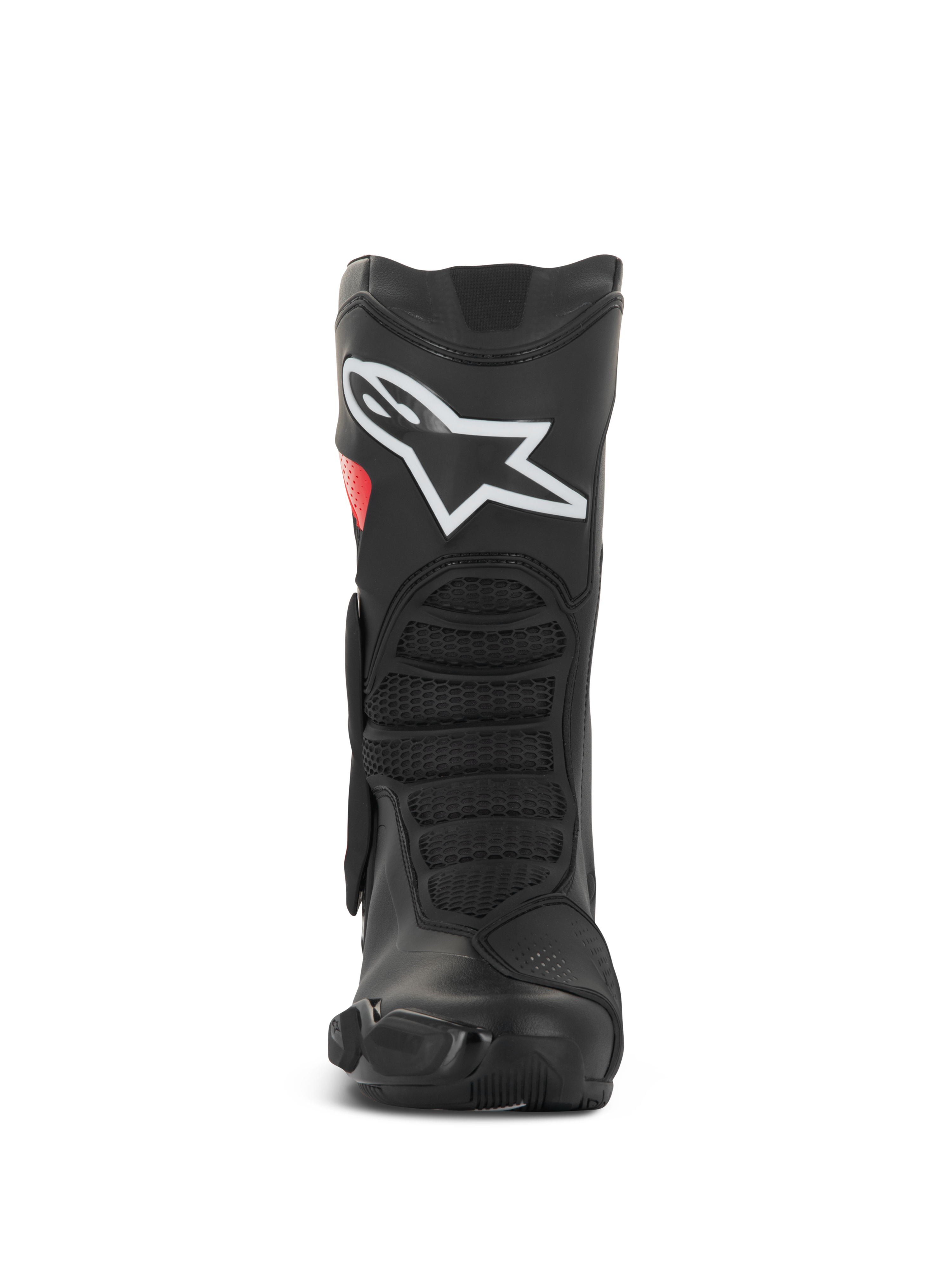 Stivali Alpinestars SMX-6 V3 Drystar®, stivali tecnici da moto, nero e rosso, vista frontale con grande logo bianco sullo stinco, zone di flessione anteriori testurizzate e design protettivo e filante