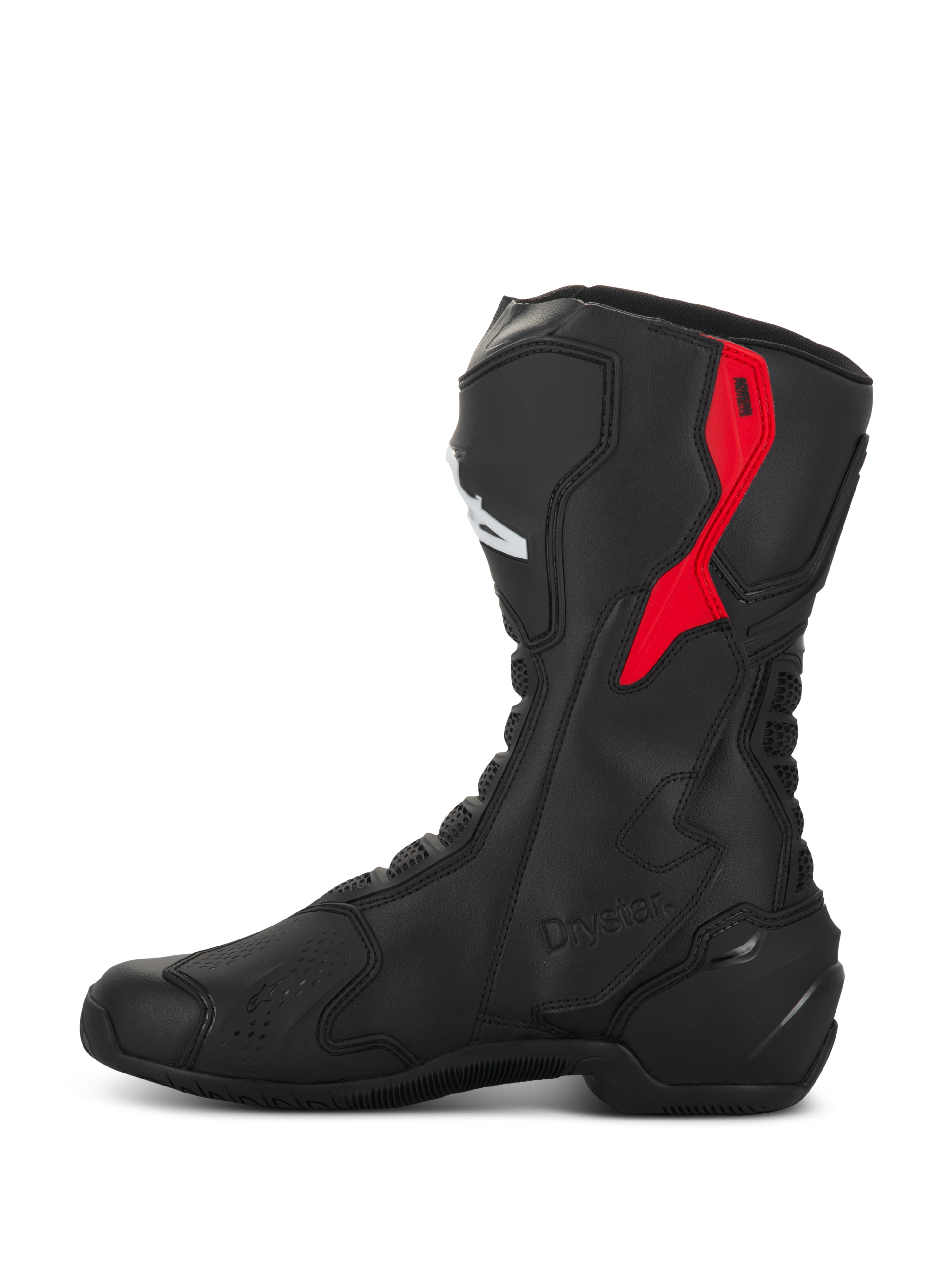 Stivali Alpinestars SMX-6 V3 Drystar, stivali da moto performanti, nero e rosso, con protezione superiore del polpaccio in TPU rosso, logo Drystar in rilievo e struttura in microfibra, vista laterale