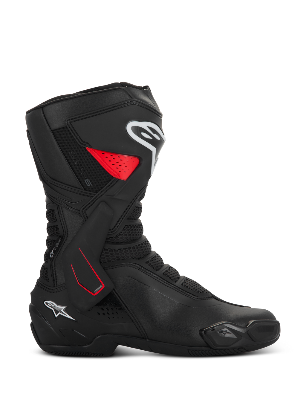 Alpinestars SMX-6 V3 Drystar, stivali da moto sportivi, nero con accenti rossi e bianchi, vista di profilo, costruzione in microfibra impermeabile, tutore laterale della caviglia in TPU con dettagli rossi, loghi bianchi su stinco e tallone, slider integrato e zone di flessione in mesh
