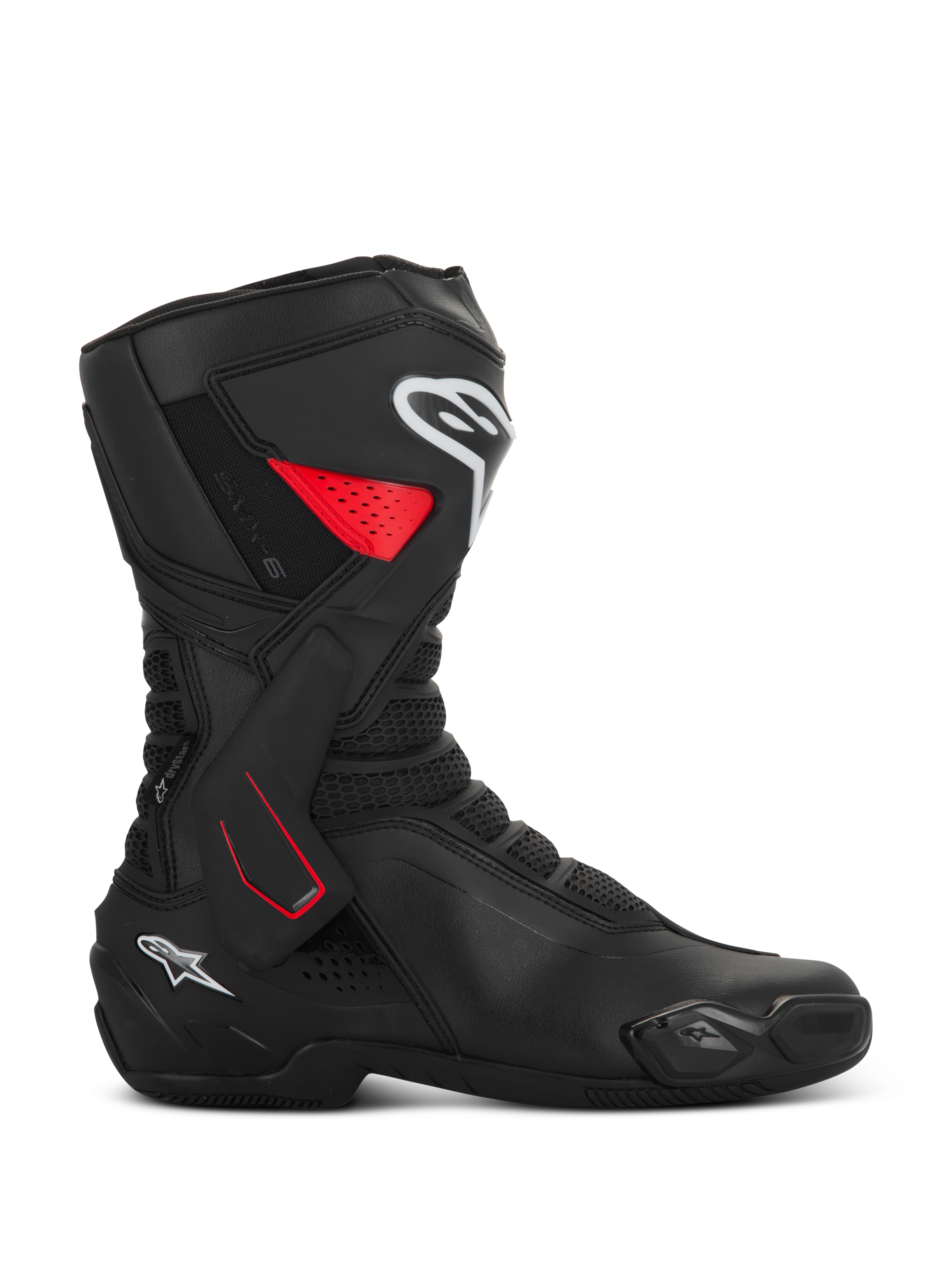 Alpinestars SMX-6 V3 Drystar, stivali da moto sportivi, nero con accenti rossi e bianchi, vista di profilo, costruzione in microfibra impermeabile, tutore laterale della caviglia in TPU con dettagli rossi, loghi bianchi su stinco e tallone, slider integrato e zone di flessione in mesh