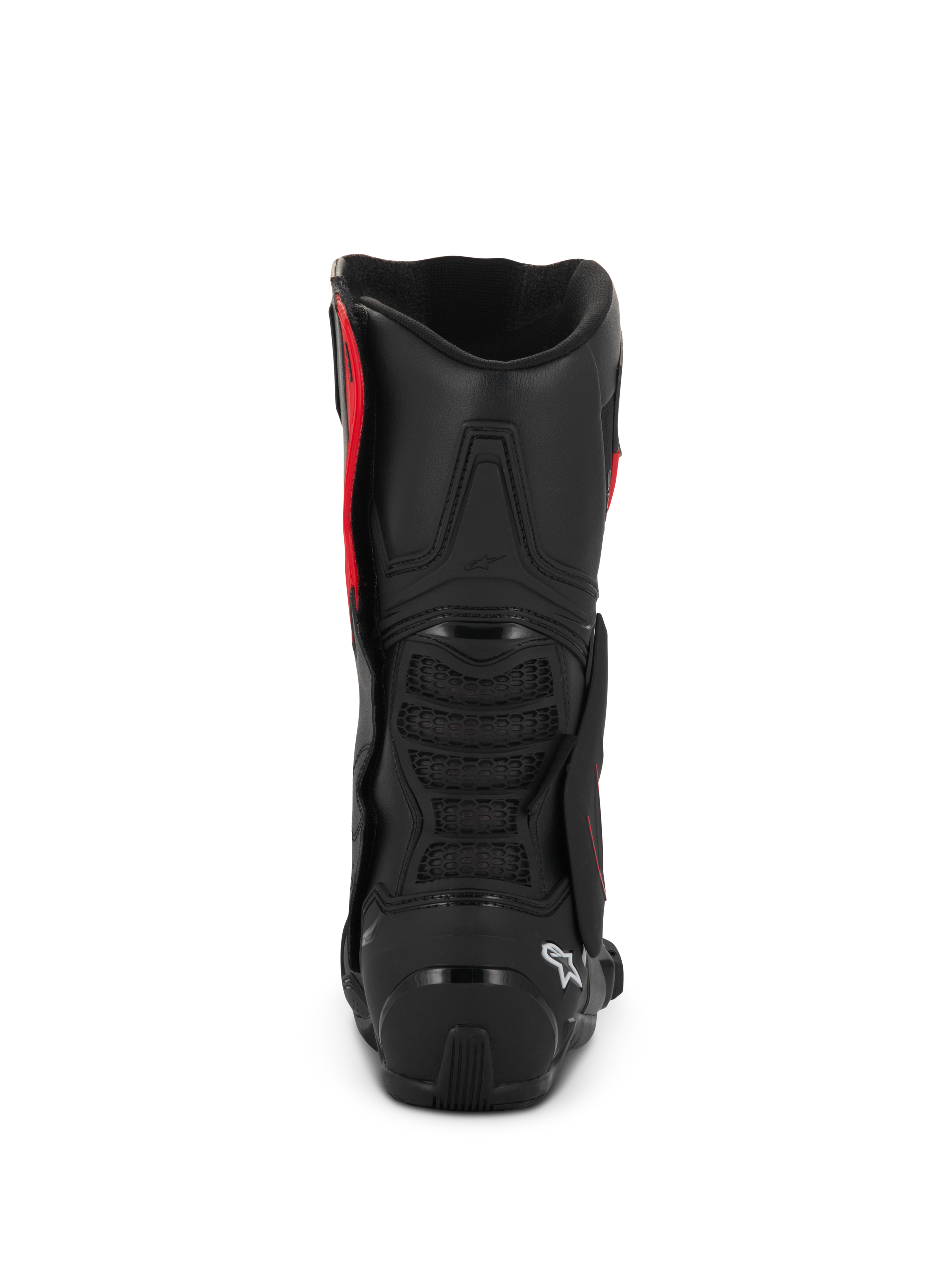 Stivali Alpinestars SMX-6 V3 Drystar®, nero e rosso, vista posteriore che mostra il contrafforte del tallone in TPU e la protezione del polpaccio, calzature da moto ad alte prestazioni con costruzione in microfibra impermeabile